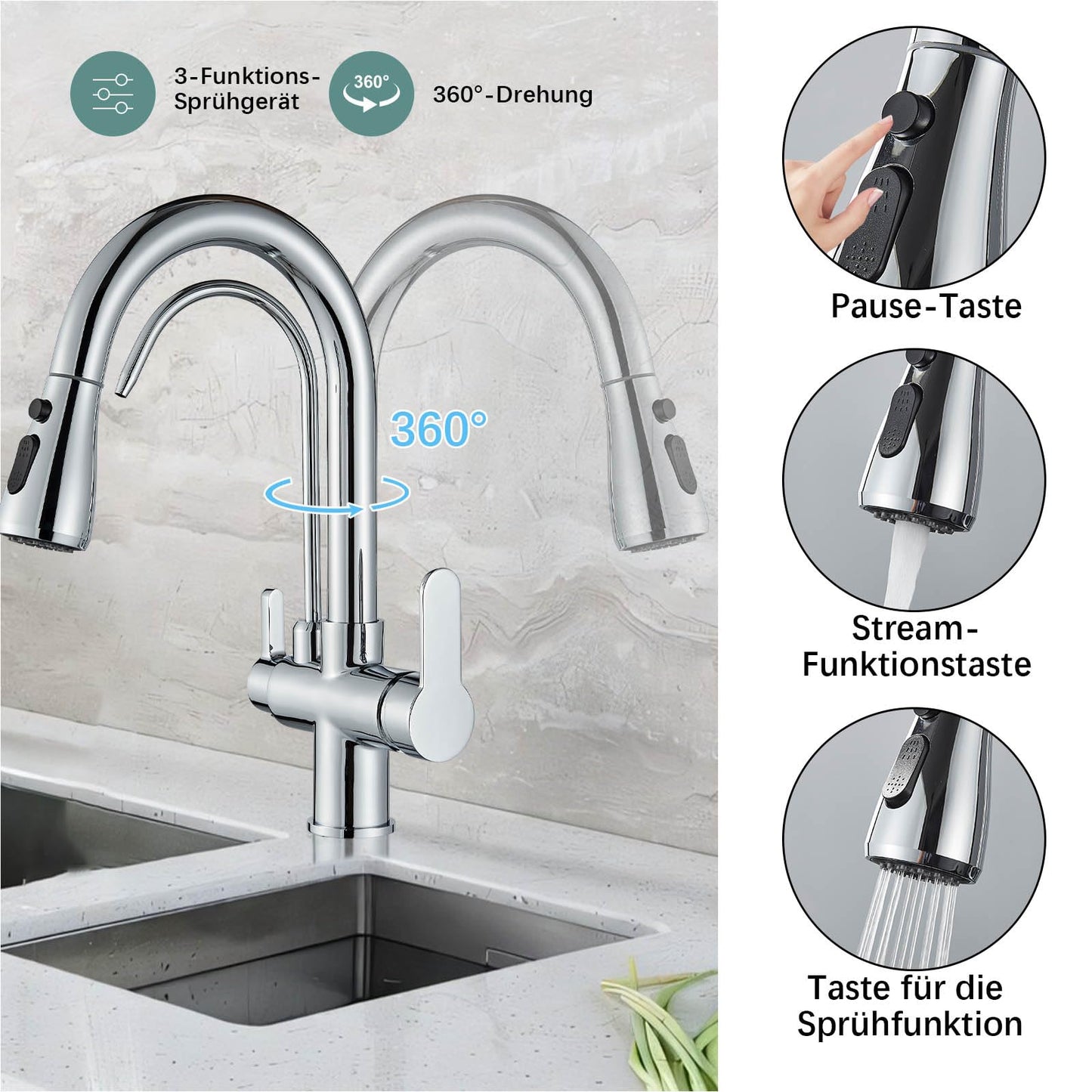 Onyzpily Kitchen Faucet Chrome High Pressure Kitchen Faucet with Pull-Out Sprayer, Pure Water Mixer Tap Sink Faucet 360° Swivel 2 Spray Functions High Arc Stainless Steel