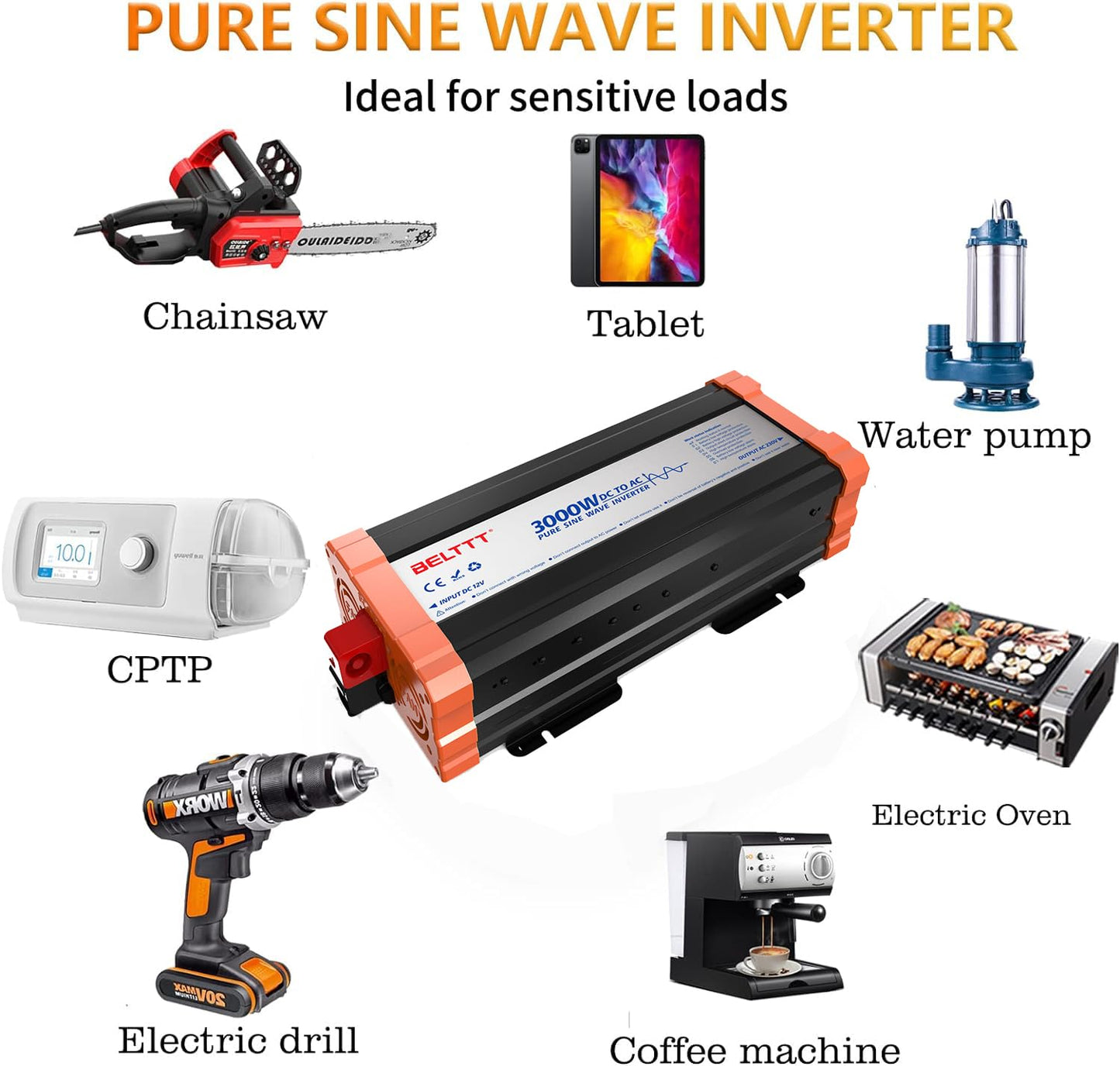 Inverter Voltage Converter 12V to 230V Pure Sine Wave Inverter 1500W with EU sockets, USB output, and LCD display Peak power 3000W for car truck camping emergency household appliances