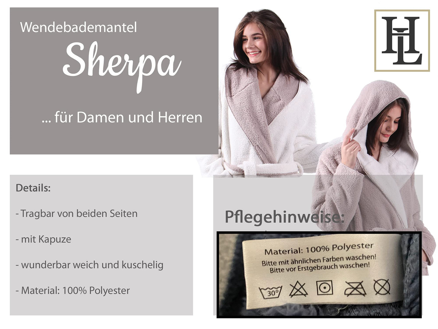 HOMELEVEL Sherpa Reversible Bathrobe in Sheepskin Look for men and women with hood, morning gown, housecoat