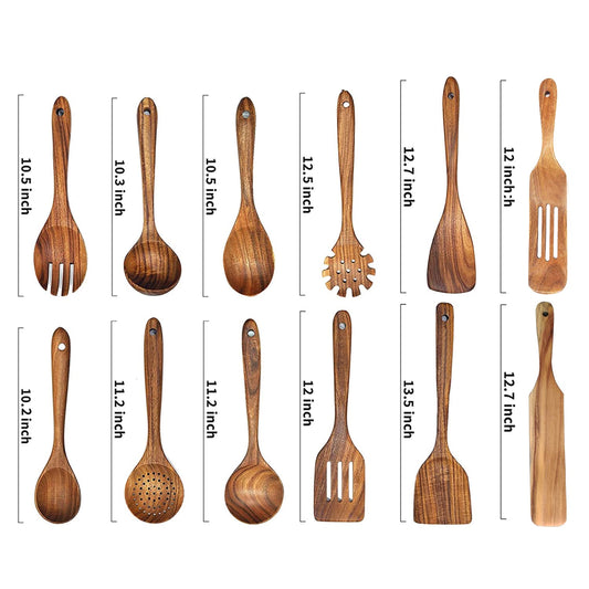 Wooden cooking spoon, set of 12, wood cooking utensils, kitchen utensil set, wooden cooking utensils, natural teak wood, wooden spatula for cooking.