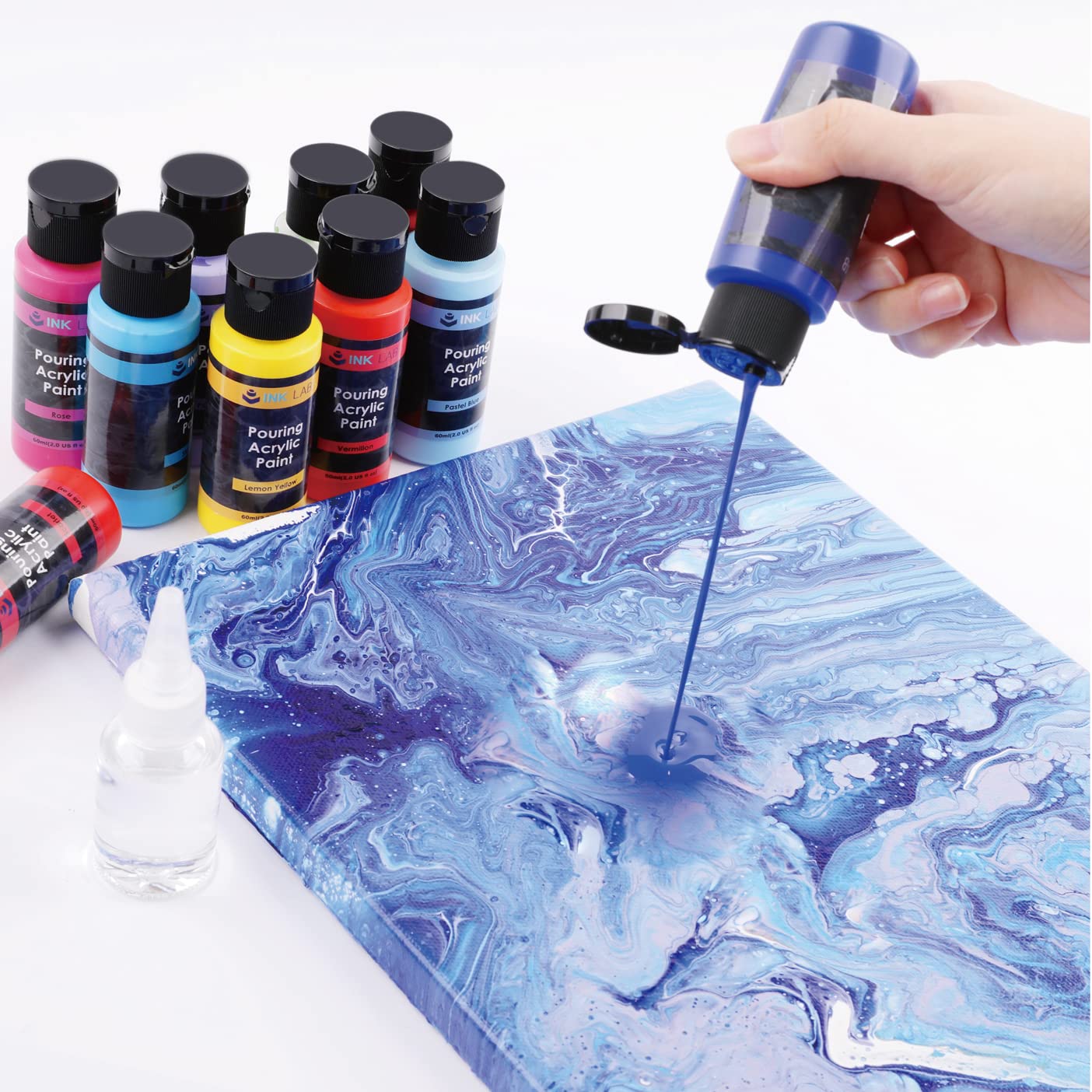 INK LAB Pouring Acrylic Paint Set 34 Colors Liquid Pouring Paint with Silicone Oil 60ml Bottles Pre-mixed Acrylic Pouring for Canvas Wood Paper Glass Stone Ceramic Tiles