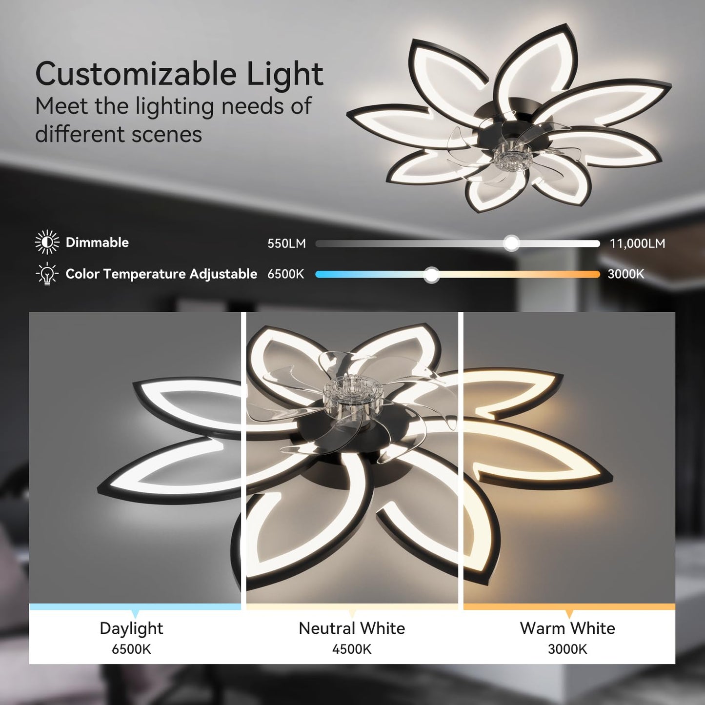 Ceiling fan with lighting and remote control app, lamp with fan Quiet, flower modern design, dimmable, memory function, DC motor, summer winter operation reversible, black