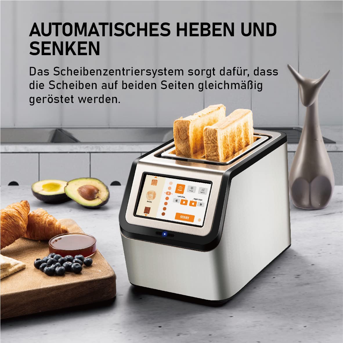 Smart toaster with touchscreen, KETIAN 2-slice toaster, auto shut-off, auto lift & bread centering, stainless steel, 1400W
