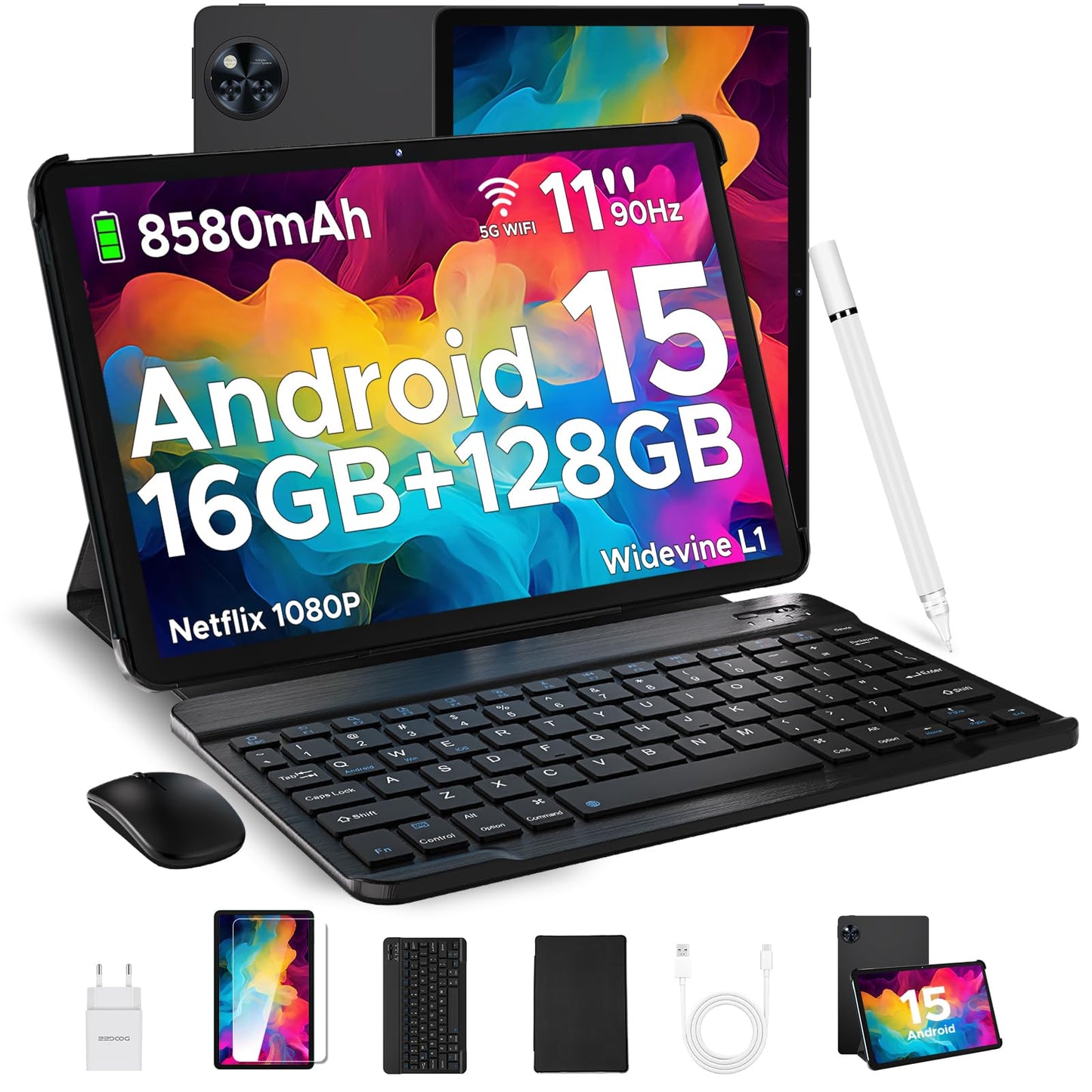 DOOGEE U11 2025 Newest Android 15 Tablet 11 inch 16GB+128GB (2TB TF) Widevine L1 Gaming Tablets, 8580mAh, Octa-Core, 2.4G+5G WiFi, 13MP+5MP, Tablet with Keyboard, Mouse, Pen, Case, and Screen Protector.