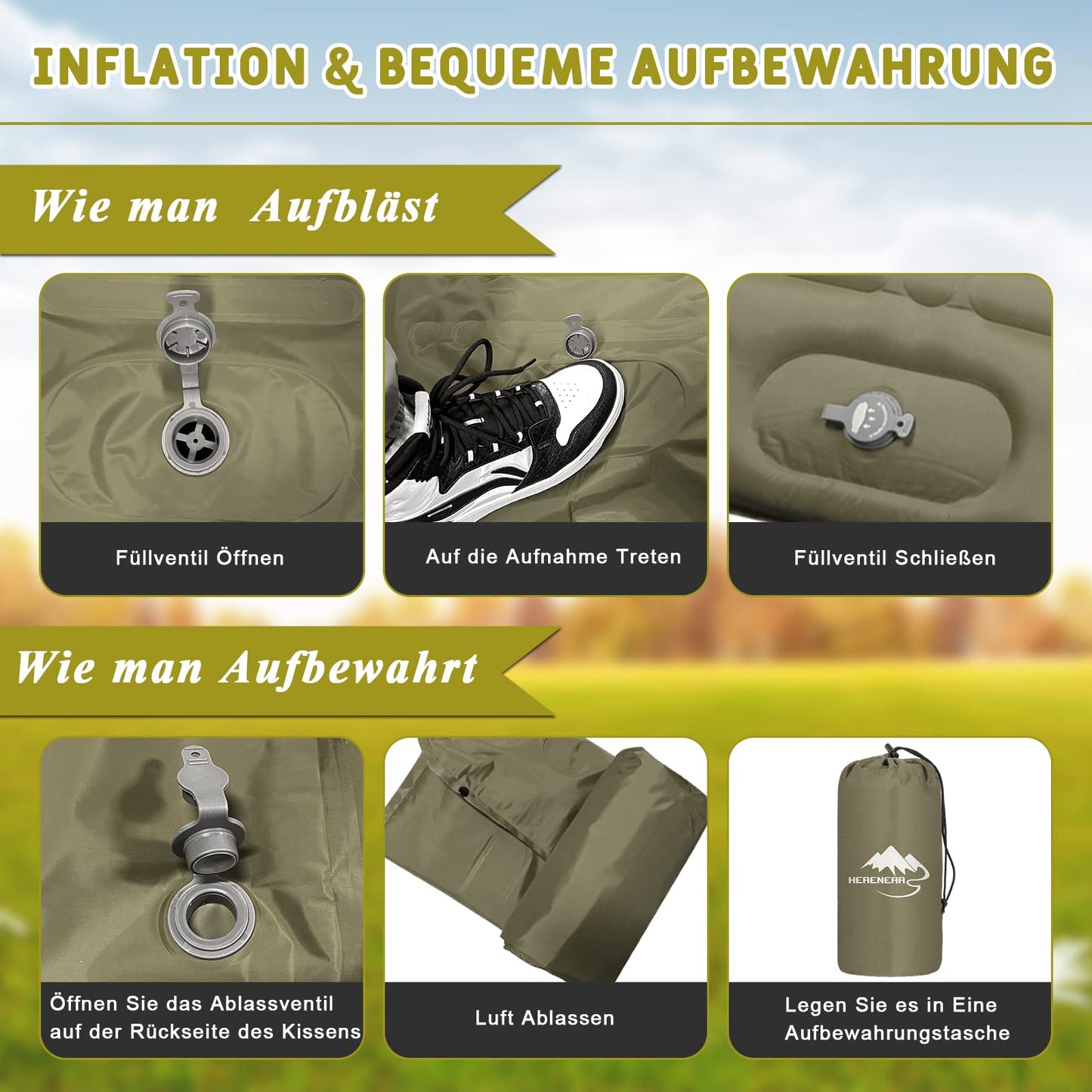 Herenear camping self-inflating sleeping pad, self-inflating sleeping pad ultra-light with pillow, waterproof portable camping air mattress with foot pump for hiking, outdoor, travel, beach.