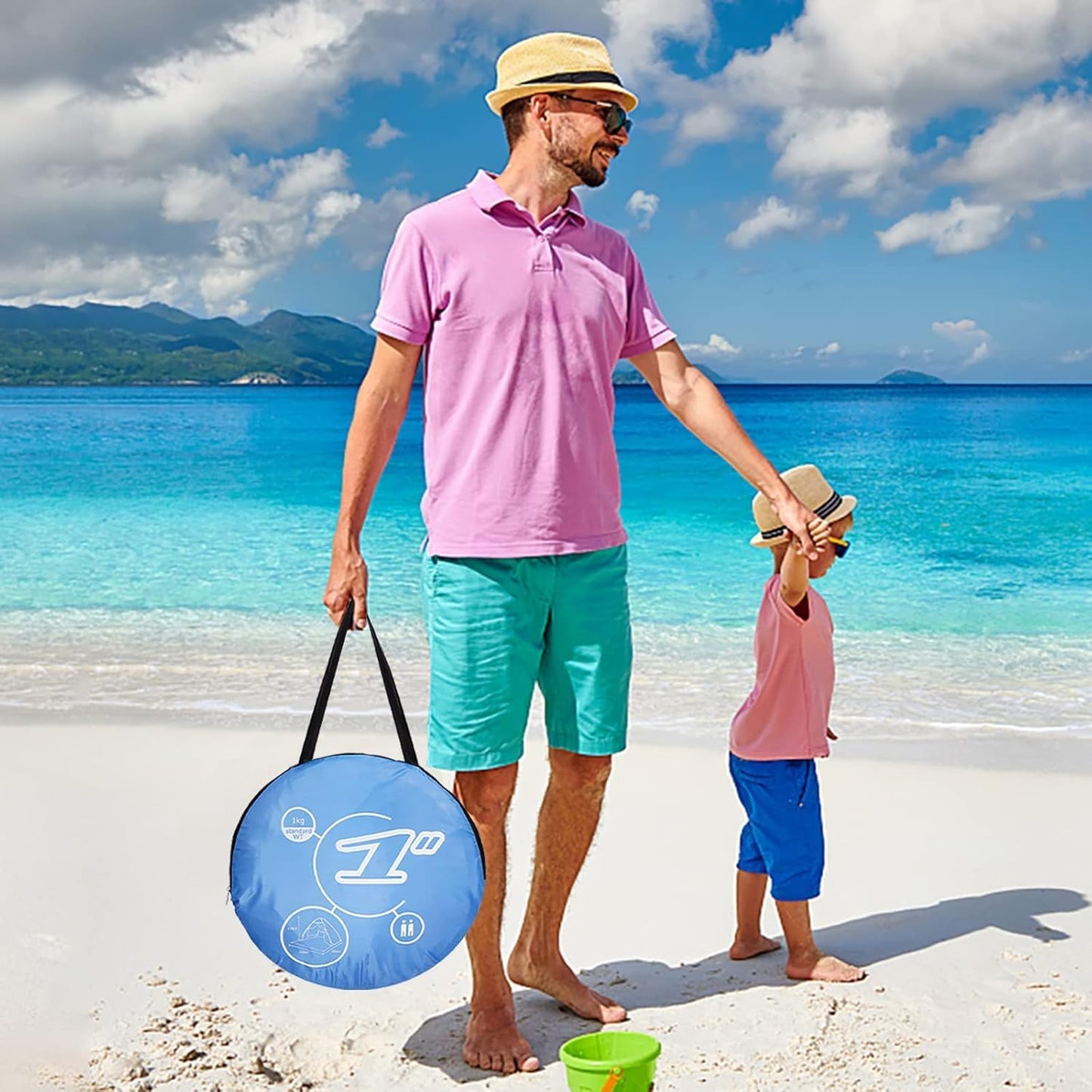 Beach tent Pop Up, Portable Extra Light Automatic Sun Shelter UPF 50+ for 3-4 people Family Sunshade Beach Camping, Hiking, Garden.