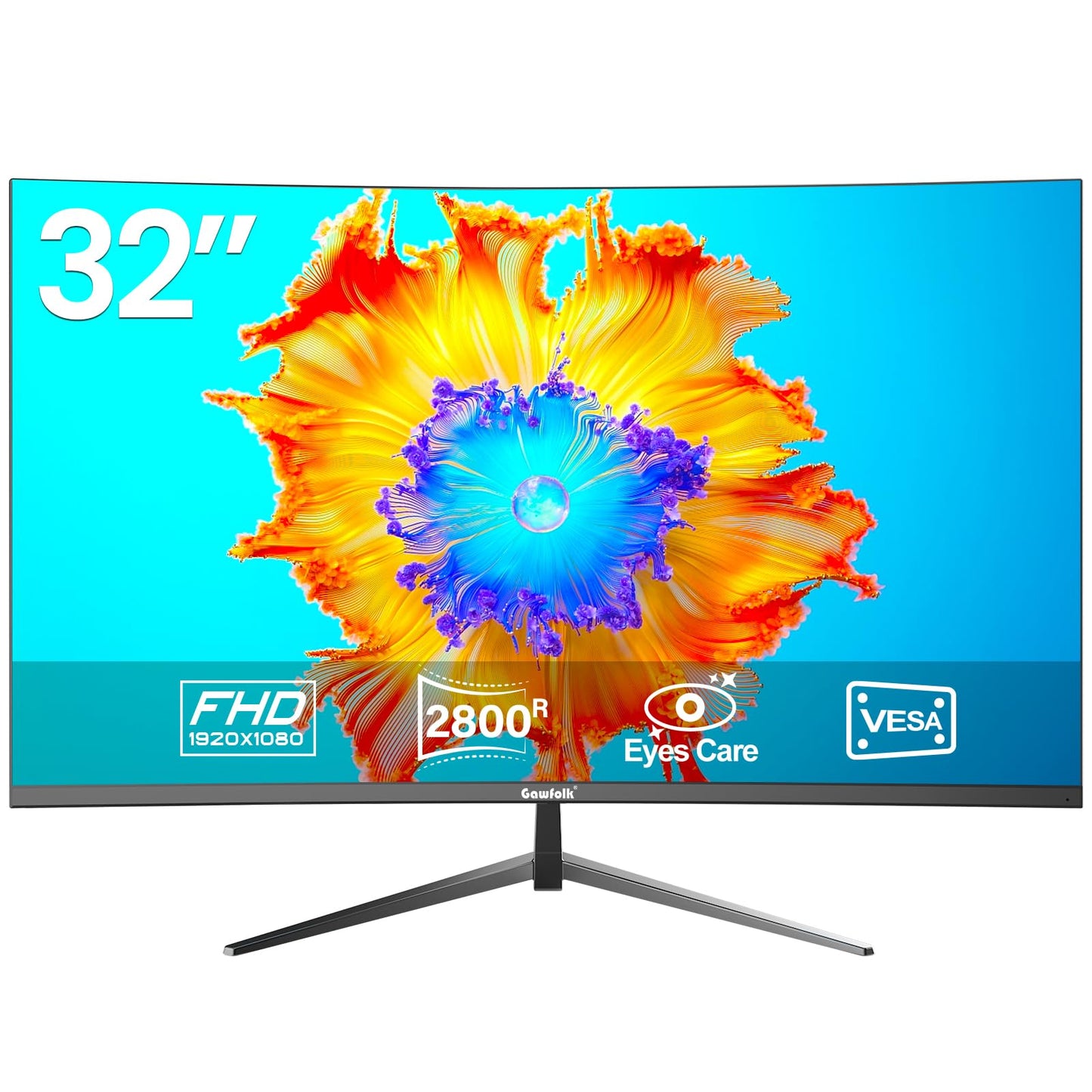 Gawfolk PC Monitor 32 inch 75Hz, PC Screen Curved Full HD 1080P, Frameless 2800R Computer Monitor with Eye Care Technology, HDMI VGA, supports VESA.