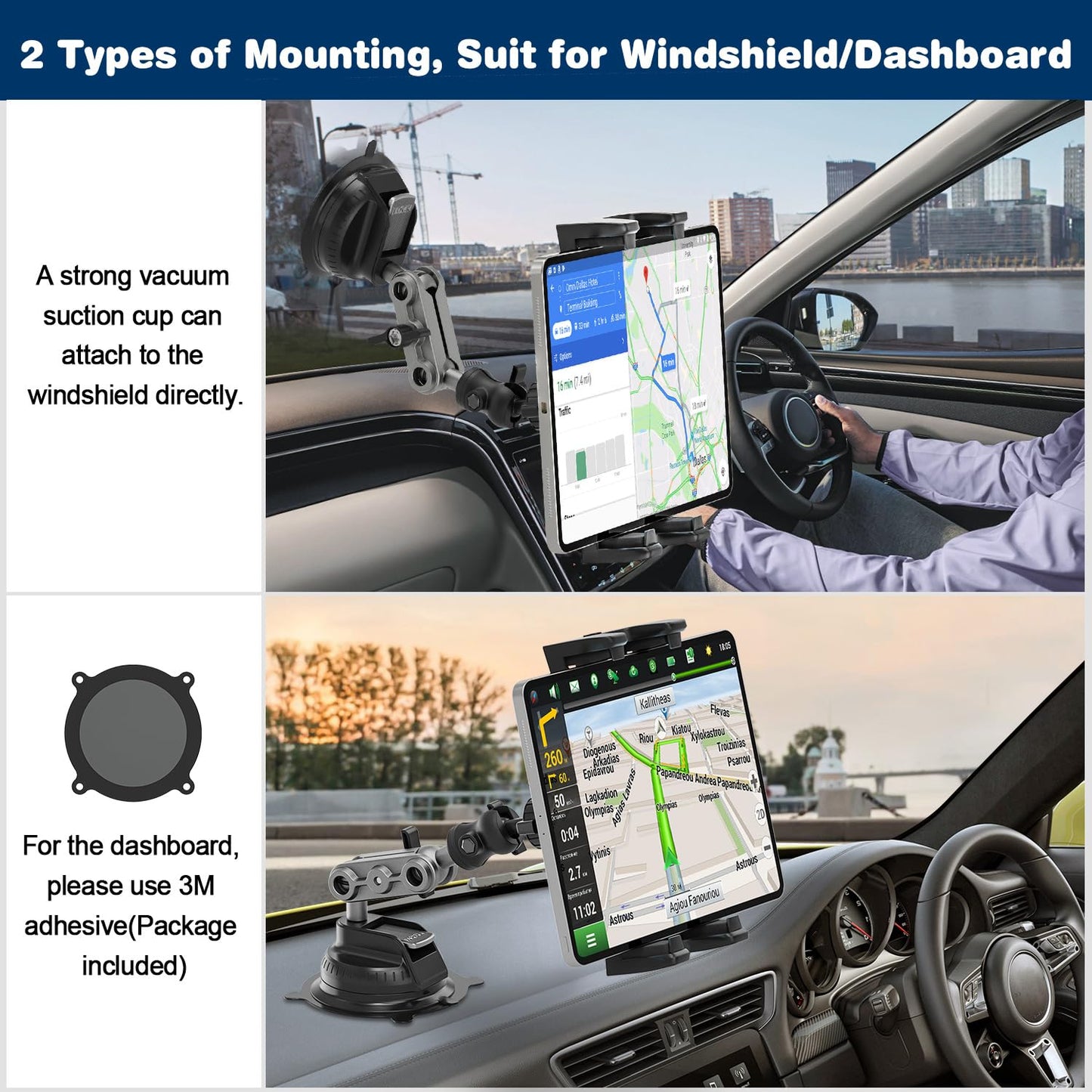 Asaiy Tablet Holder for Car, iPad Holder for Car, 360° Rotatable, Stable and Washable TPU Suction Cup, Windshield and Dashboard Universal, Car Mount for iPhone, Galaxy, 4.7-12.9" Tablets & Phones