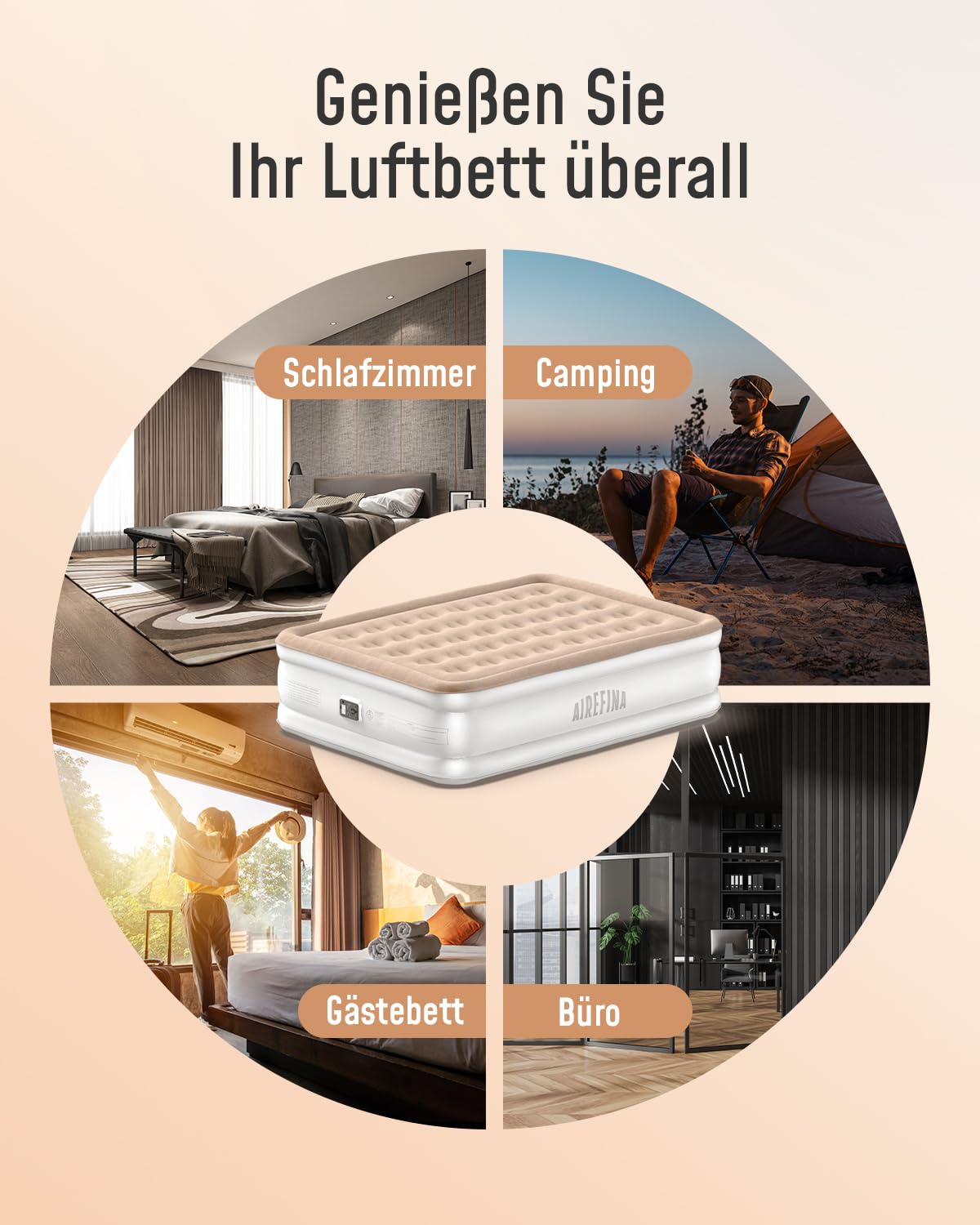 Airefina self-inflating air mattress with integrated pump, premium guest bed, fast inflation in 3 minutes, inflatable mattress for camping home use - 203 x 152 x 40 cm.