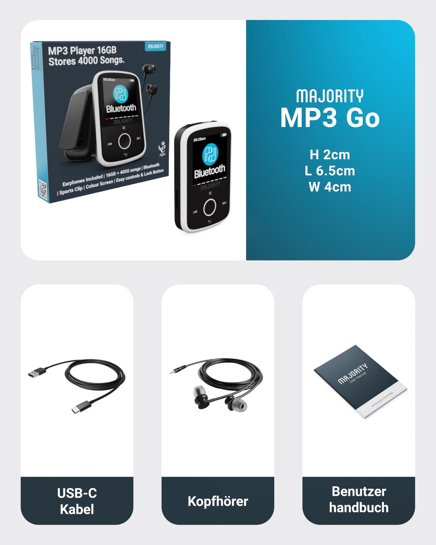 MP3 Player Bluetooth | 16GB internal storage, expandable up to 128GB | MP3 player with clip | USB-C | 34 hours battery life | Music player | MAJORITY MP3-GO