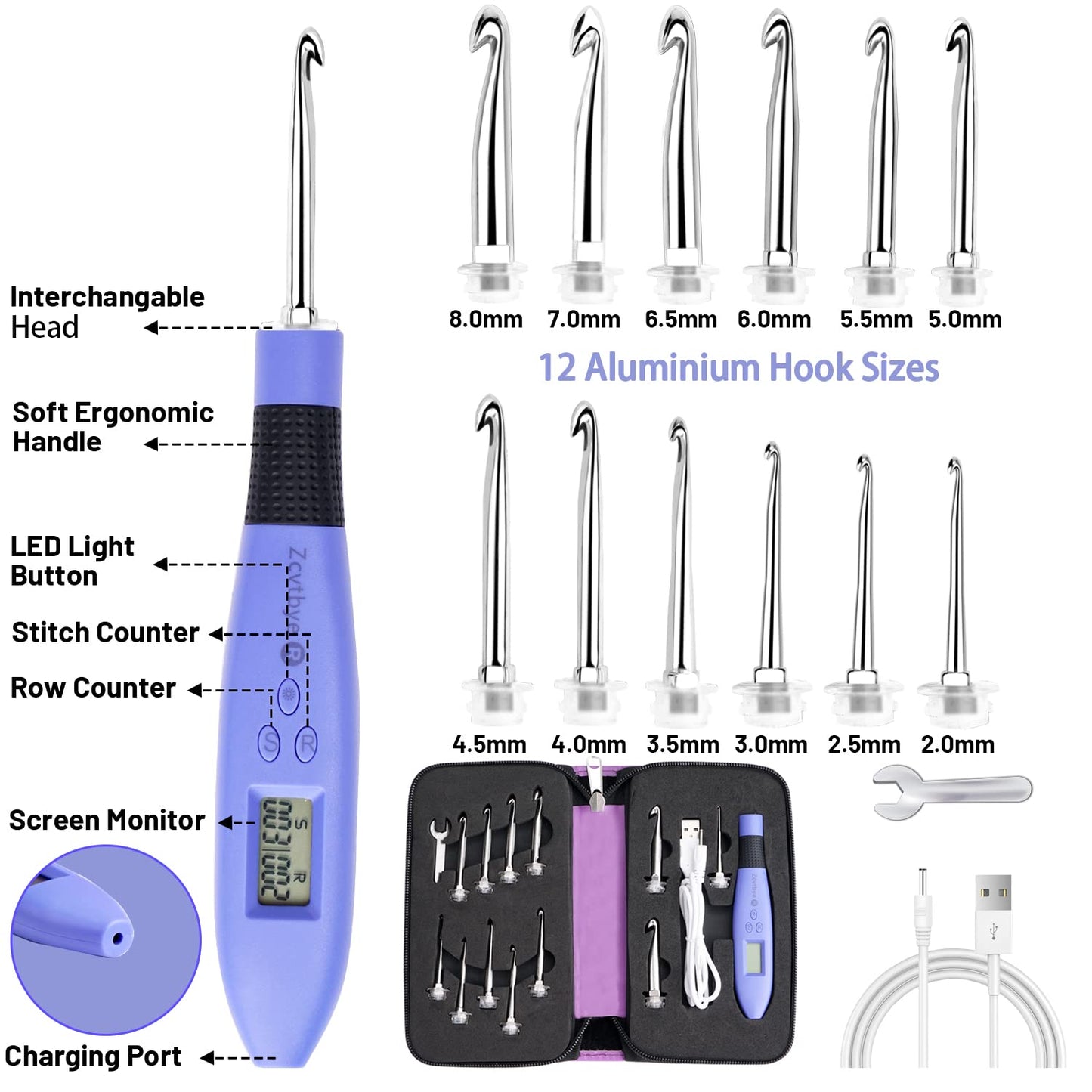 LED Crochet Hook Set, 12-in-1 rechargeable illuminated crochet hook set, with small screwdriver, travel zipper case (interchangeable crochet head sizes 2.0-8 mm)