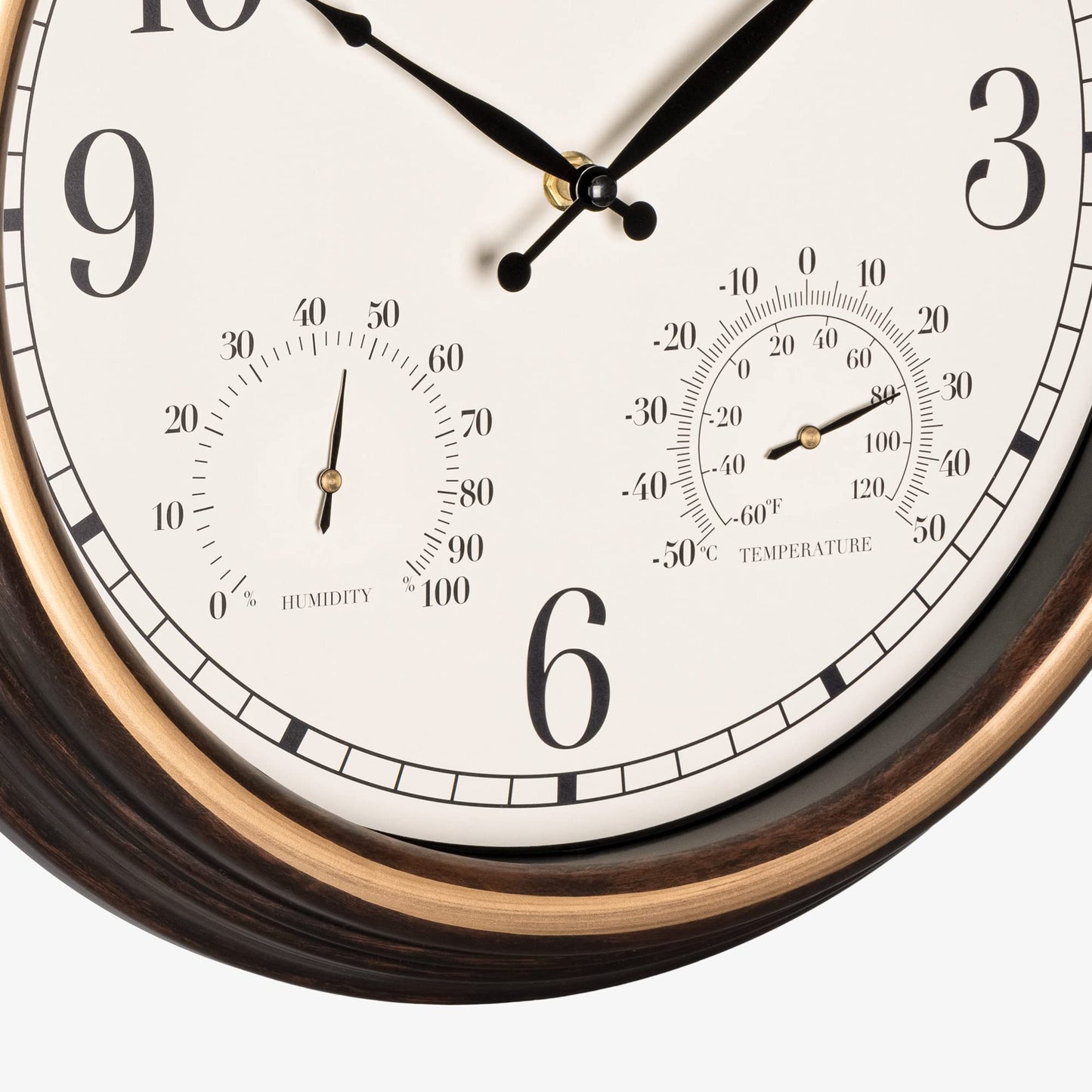 Navaris outdoor clock analog - with thermometer and hygrometer display - 38.1 x 5cm - round clock for hanging without ticking - decor garden wall clock
