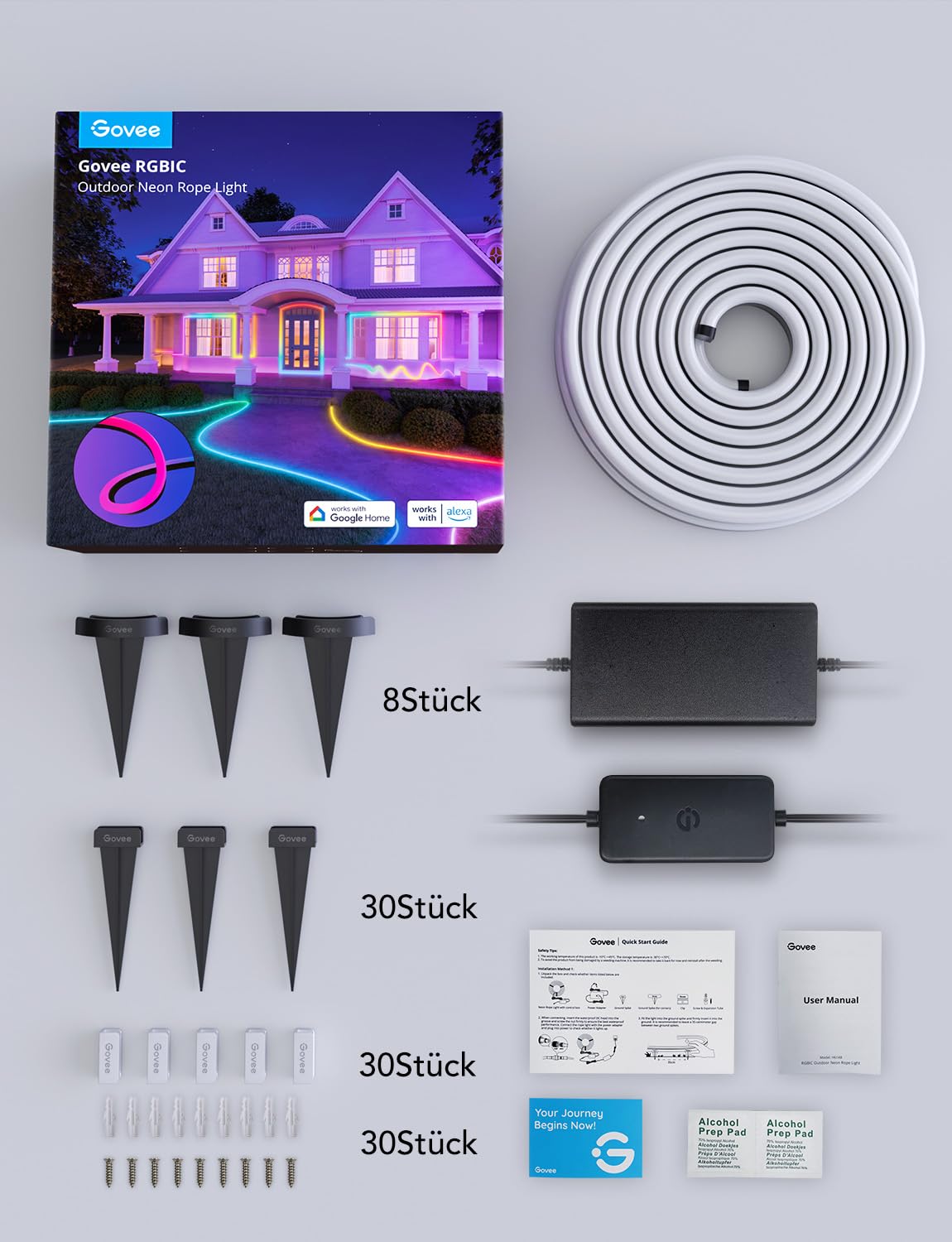 Govee Outdoor Neon LED Strip 10m, RGBIC LED strip with 64+ scene modes, Music Sync, works with Alexa and Google Assistant, IP67 waterproof ground lights for garden wall and floor decoration.
