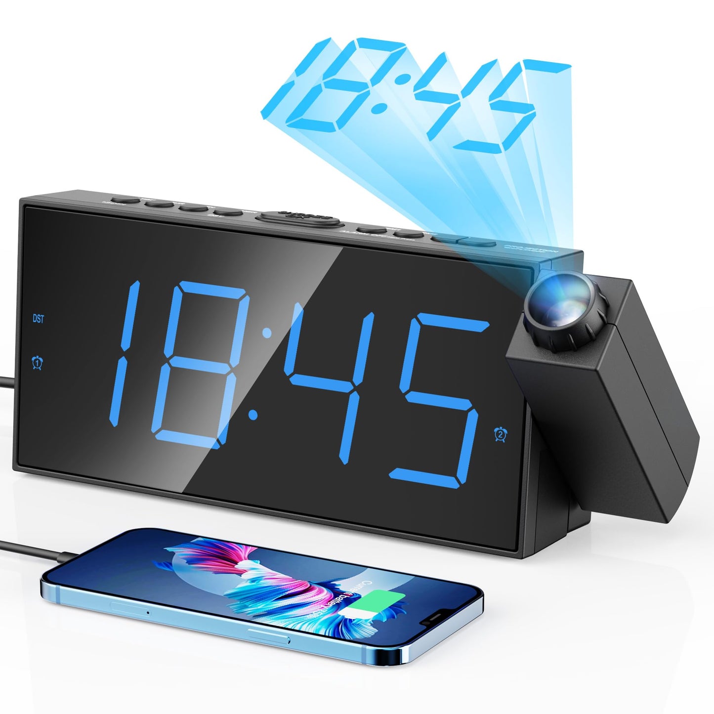 Projection alarm clock, 7-inch digital display and dimmer, dual alarms, USB port, adjustable alarm volume, snooze, 12/24 hour format, battery backup for bedroom, ceiling, wall, home, kids, seniors.