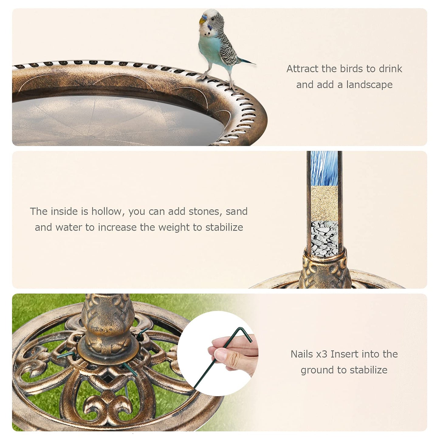 AISITIN bird bath with 2.5W solar fountain, feeding place, garden/balcony decoration, bird bath feeding station for balcony terrace garden decor bird bath bronze plastic.
