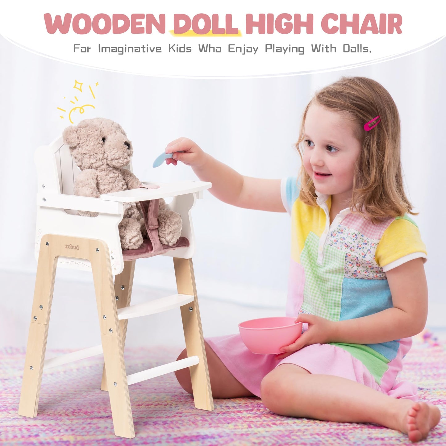 ROBUD wooden doll high chair - doll furniture for 18~20 inch dolls - Pink