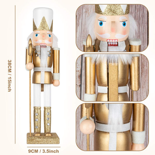 AI Store 38 cm Christmas Nutcracker Figures Christmas decor Large wooden Nutcracker Figure Christmas decoration (Gold White)