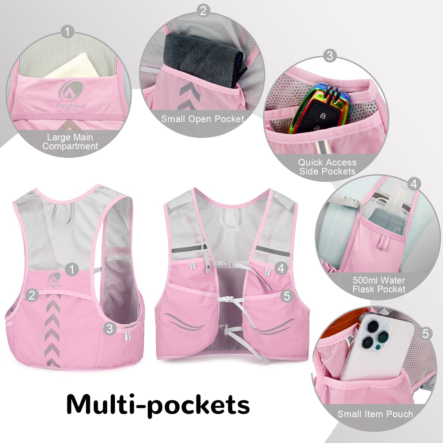Outplea running vest for women with 2*500ml soft water bottle, ultralight running backpack quick drying, hydration pack reflective vest for jogging, trail running, cycling, pink