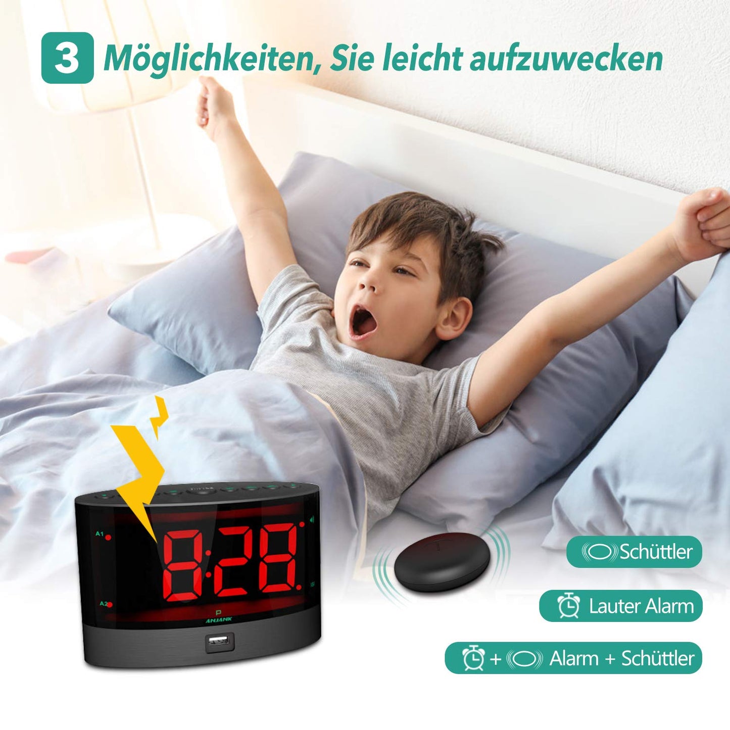 ANJANK Extra Loud Alarm Clock with Wireless Vibrating Bed Shaker for Deaf/Hard of Hearing/Heavy Sleepers, Dual Alarm, Dimmer, Battery Backup, USB Charger, Large Digital LED Display