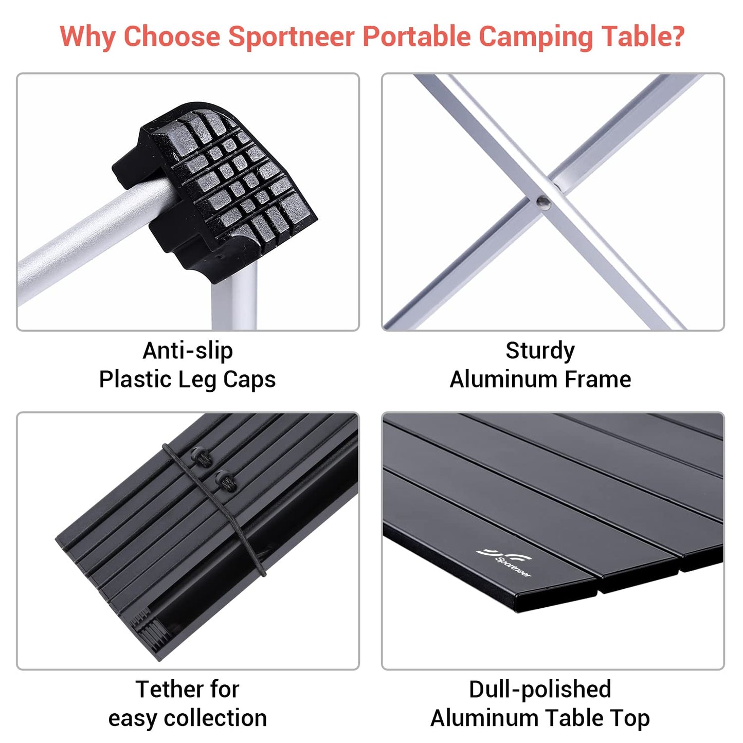 Sportneer Camping Table, Folding Camping Table, Aluminium Camping Table Lightweight with Bag, Easy to Carry, Foldable Table Perfect for Picnic Cooking Garden Hiking Travel, Black, M