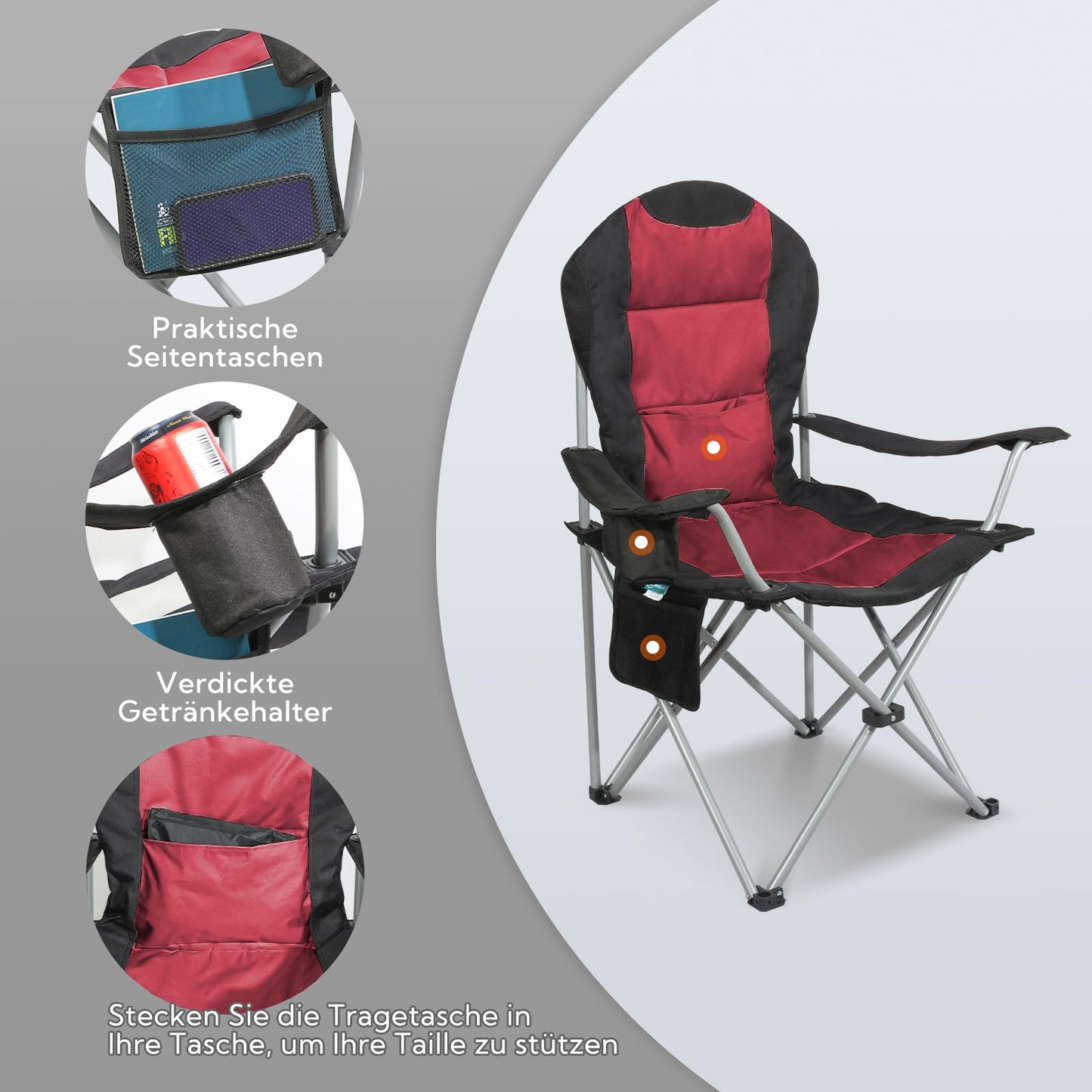 Homecall Camping Chair Foldable 150kg Load-bearing Camping Chair High-back 108cm with Lumbar Support, Padded Folding Camping Chair Fishing Chair Foldable for Garden Picnic (Red - 2 pieces)