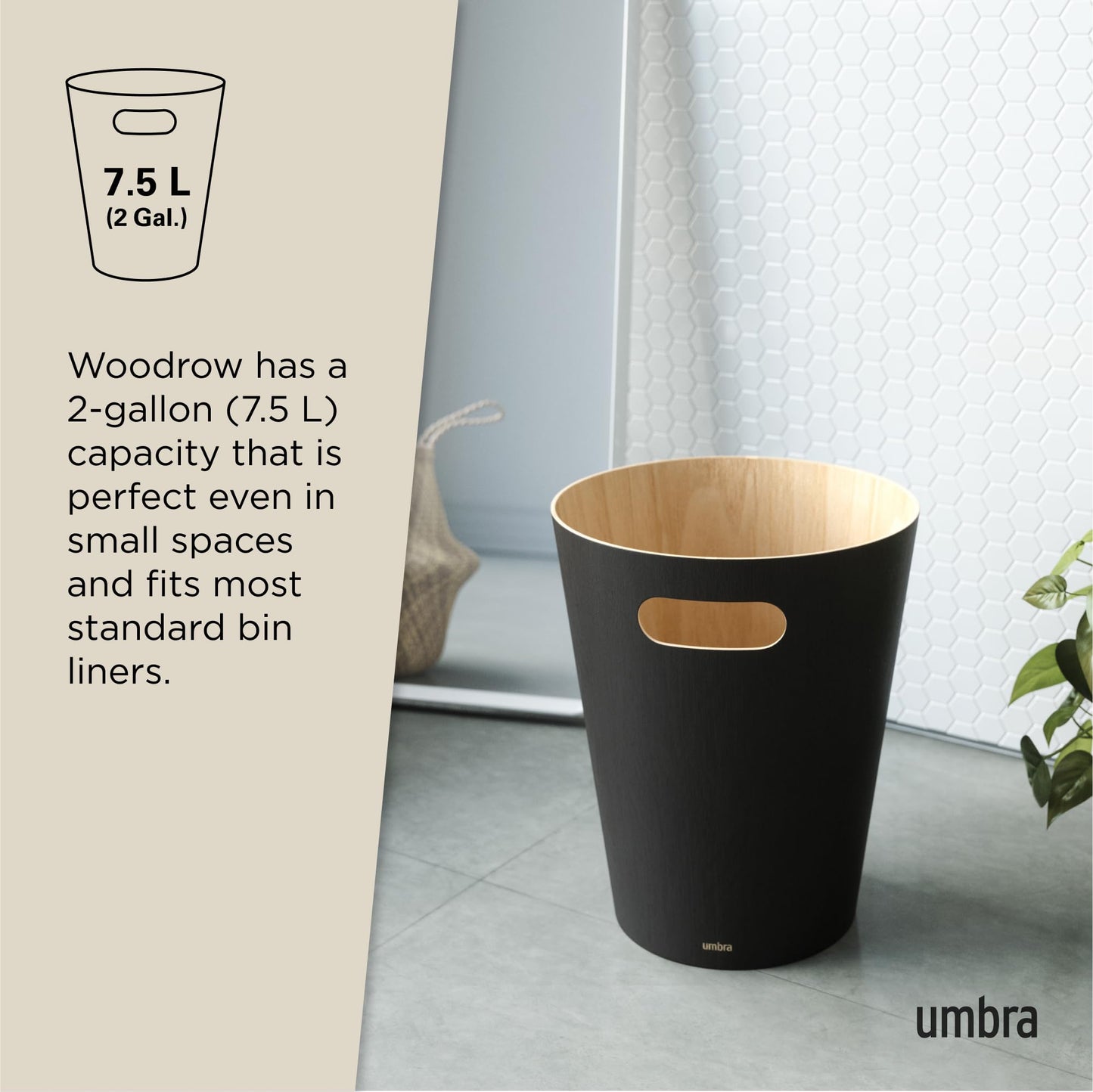 Umbra Woodrow Waste Bin - Two-Tone Wood Trash Can for Office, Bathroom, Living Room, and More, 7.5L Capacity, Natural/Black