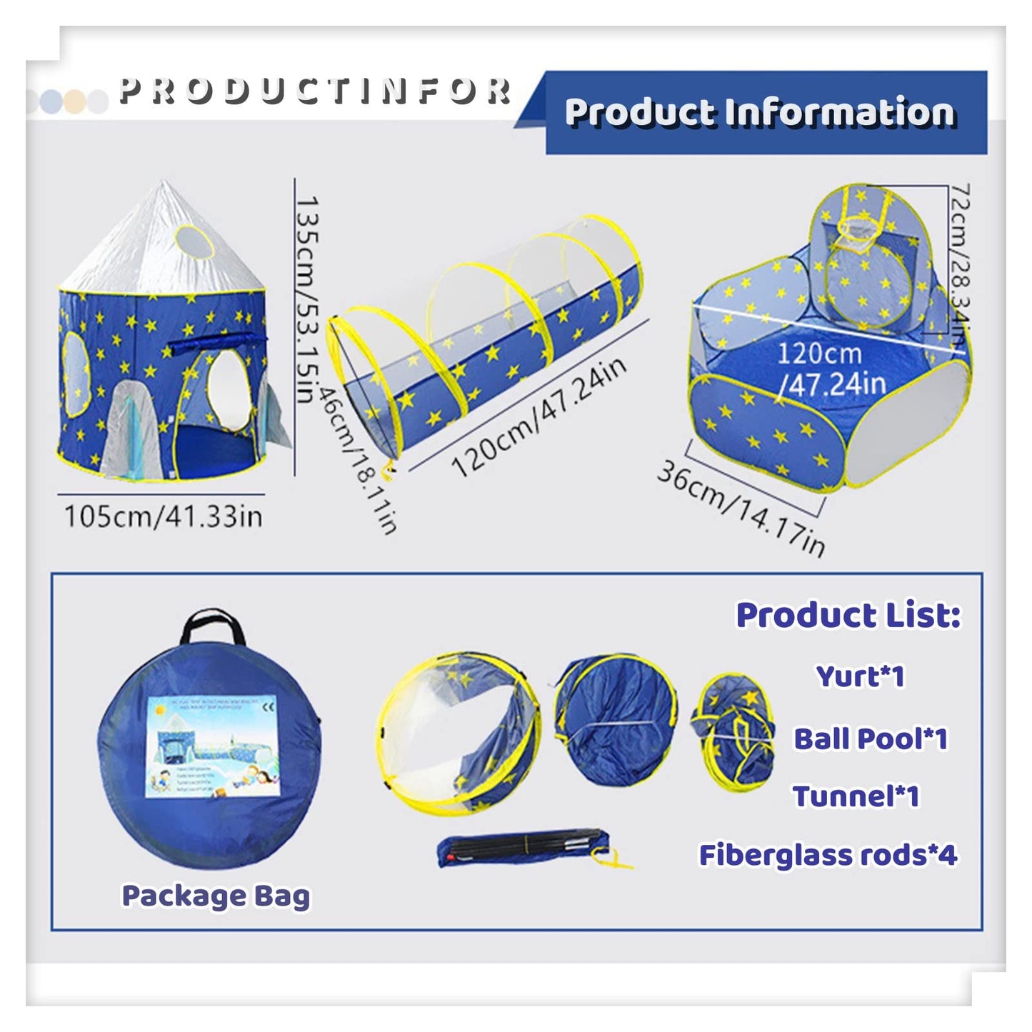 Benebomo play tent with tunnel, 3 in 1 Blue Rocket Tunnel Tent for kids, indoor children's tent, yurt, ball pit, crawl tunnel, crawling tunnel with tent, play tent for boys/girls.