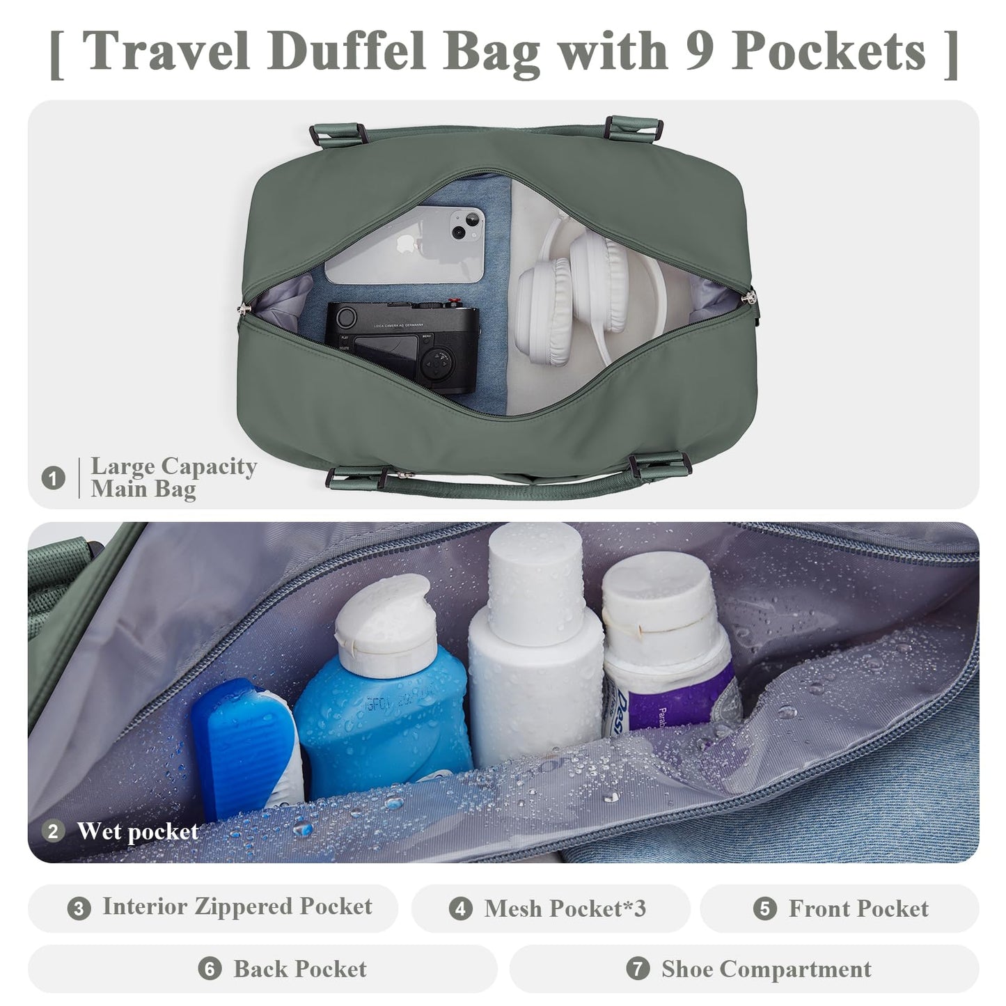 Women's Travel Bag Easyjet Hand Luggage Bag Sports Bag Weekender Bag Waterproof Swim Bag Travel Bag Duffle Bag Fitness Bag Training Bag Hospital Bag with Shoe Compartment, A2-Green