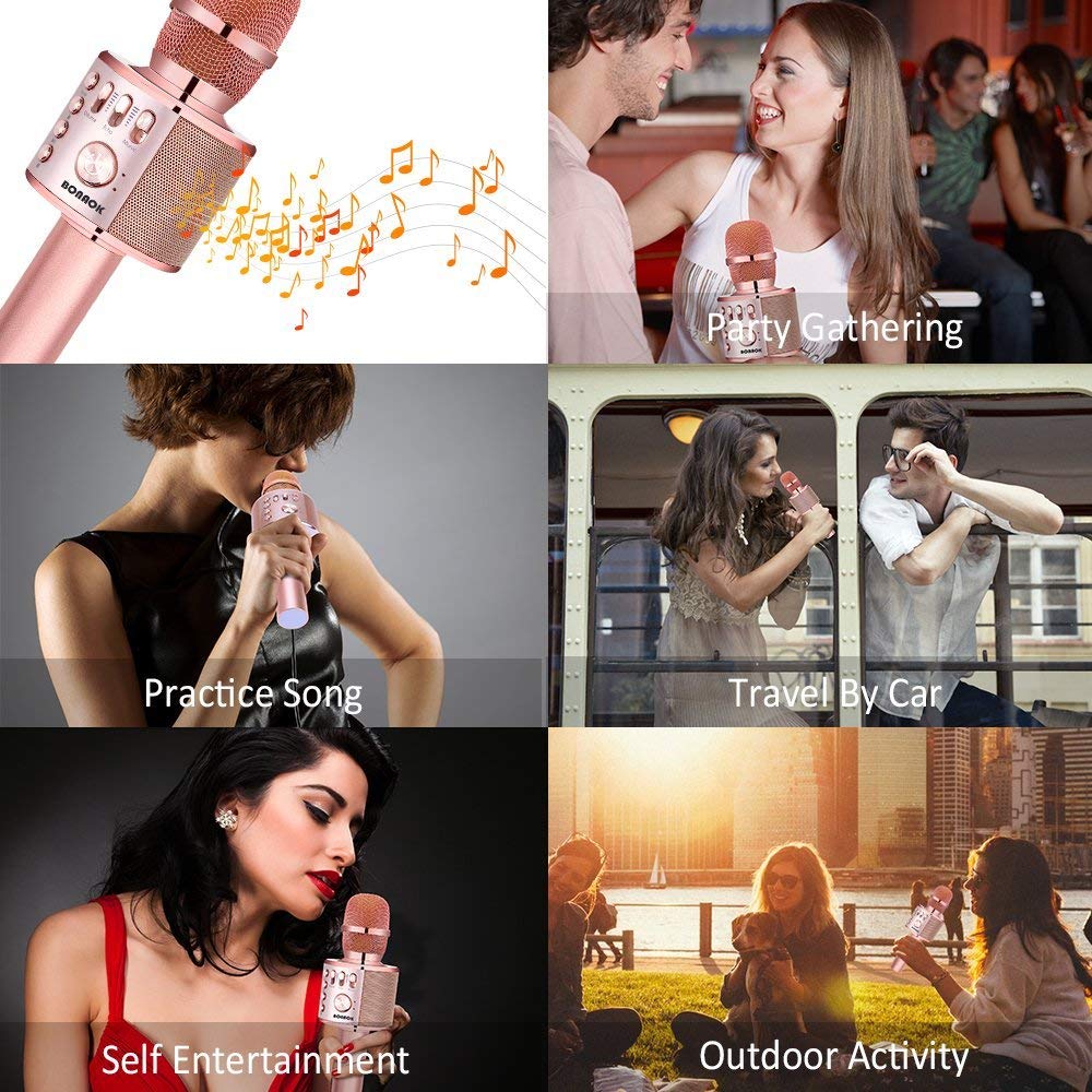 BONAOK Wireless Bluetooth Karaoke Microphone, Portable 3 in 1 Karaoke Handheld Mic Birthday Gift Home Party Speaker for iPhone/Android/iPad/PC/Smartphone (Rose Gold Plus)