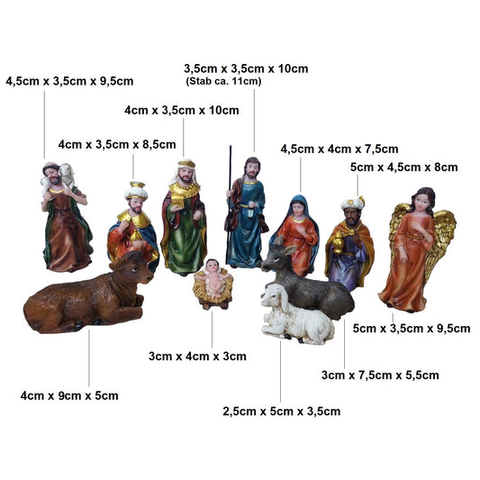Gift shop nativity scene figures 11 piece set nativity figures size up to 10 cm Christmas, Multicolored, 2.5 cm to 10 cm