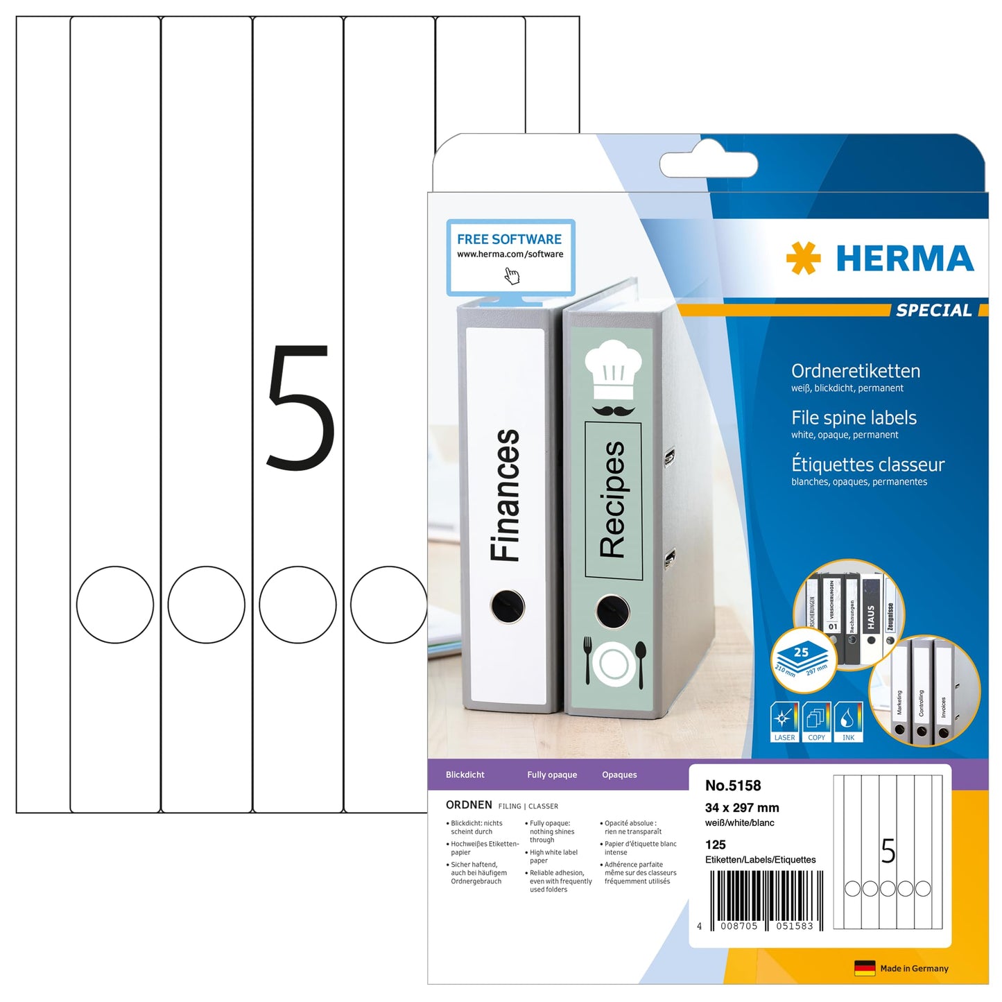 HERMA 5158 folder spine labels long and narrow, 800 sheets, 34 x 297 mm, 5 per A4 sheet, 4000 pieces, self-adhesive, printable, opaque, blank paper folder labels stickers, white