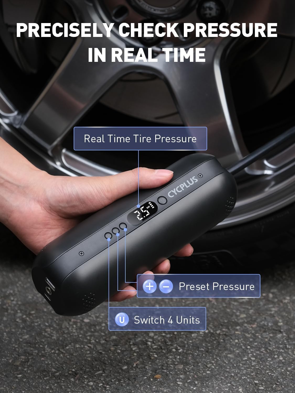 CYCPLUS air pump, 12V DC/AC 2-in-1, Max 150PSI automatic shutdown electric compressor portable bike pump mini tire pump for all bikes motorcycles and cars