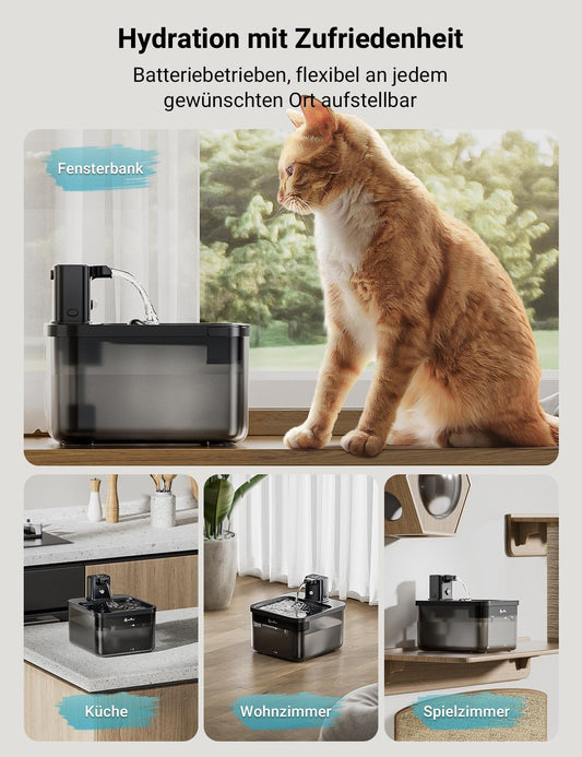 DownyPaws Cat Fountain Wireless, Battery Operated Drinking Fountain for Cats with Motion Sensor, 2.5L Cat Water Fountain Quiet No Power, Automatic Cat Water Dispenser, Black