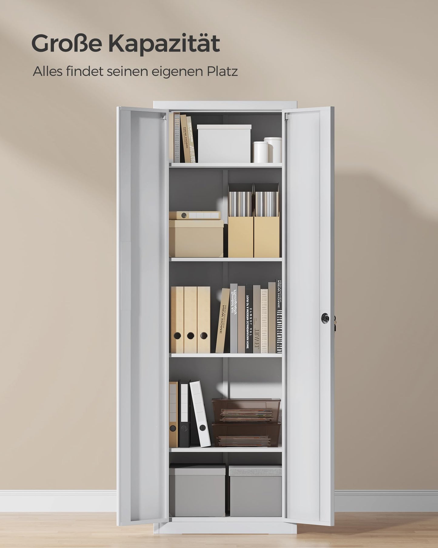 SONGMICS Filing Cabinet, Multipurpose Cabinet, Steel Storage Cabinet, 5 Levels, Double Doors, Lock, Tool Cabinet, Adjustable Shelves, Garage, Office, Living Room, Gray OMC014G01