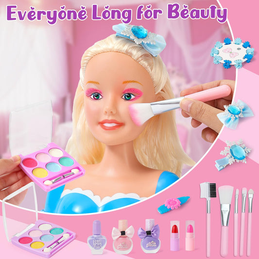 52PCS Makeup Doll Styling Head Kids Mannequin Head with Crown Hairdryer Straightener Hairpins Makeup Hair Styling Accessories Hairdressing Children's Makeup Toy Gift for Girls aged 3 4 5 6 years