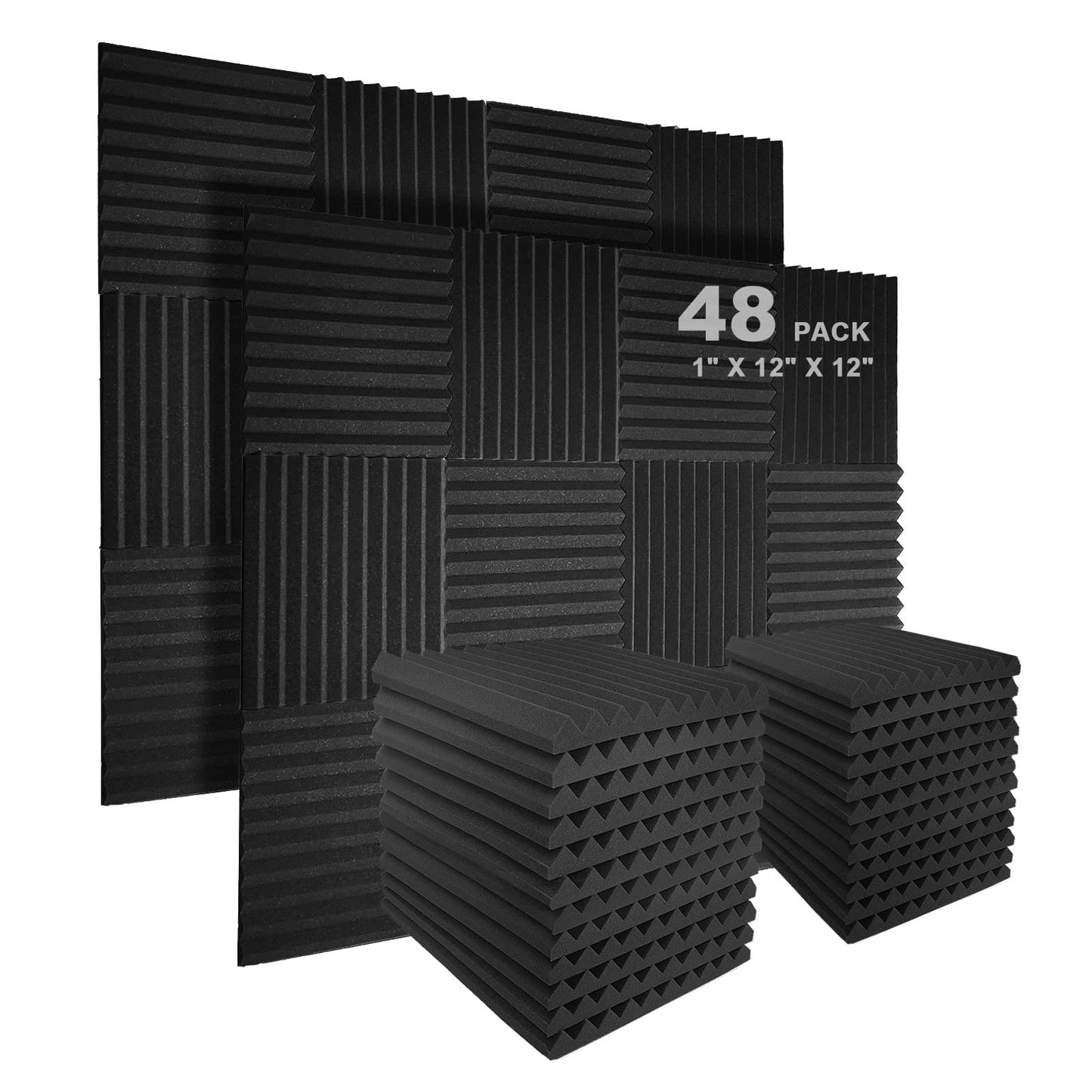 JBER 48 pieces Acoustic Foam Acoustic Panels, 2.5 x 30.5 x 30.5 cm Sound Absorber Acoustic Foam Soundproofing for Recording Studio, Black