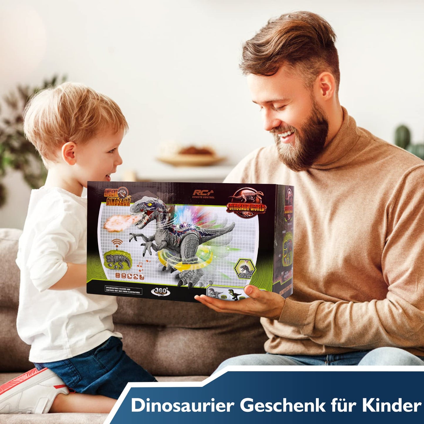 BAZOVE Remote Control Dinosaur Toy, 2.4GHz Electronic RC Velociraptor Dino Toy with 360° Spin Stunt, Spray function, Roaring and LED Light, Gift for Boys Girls 3+ Years