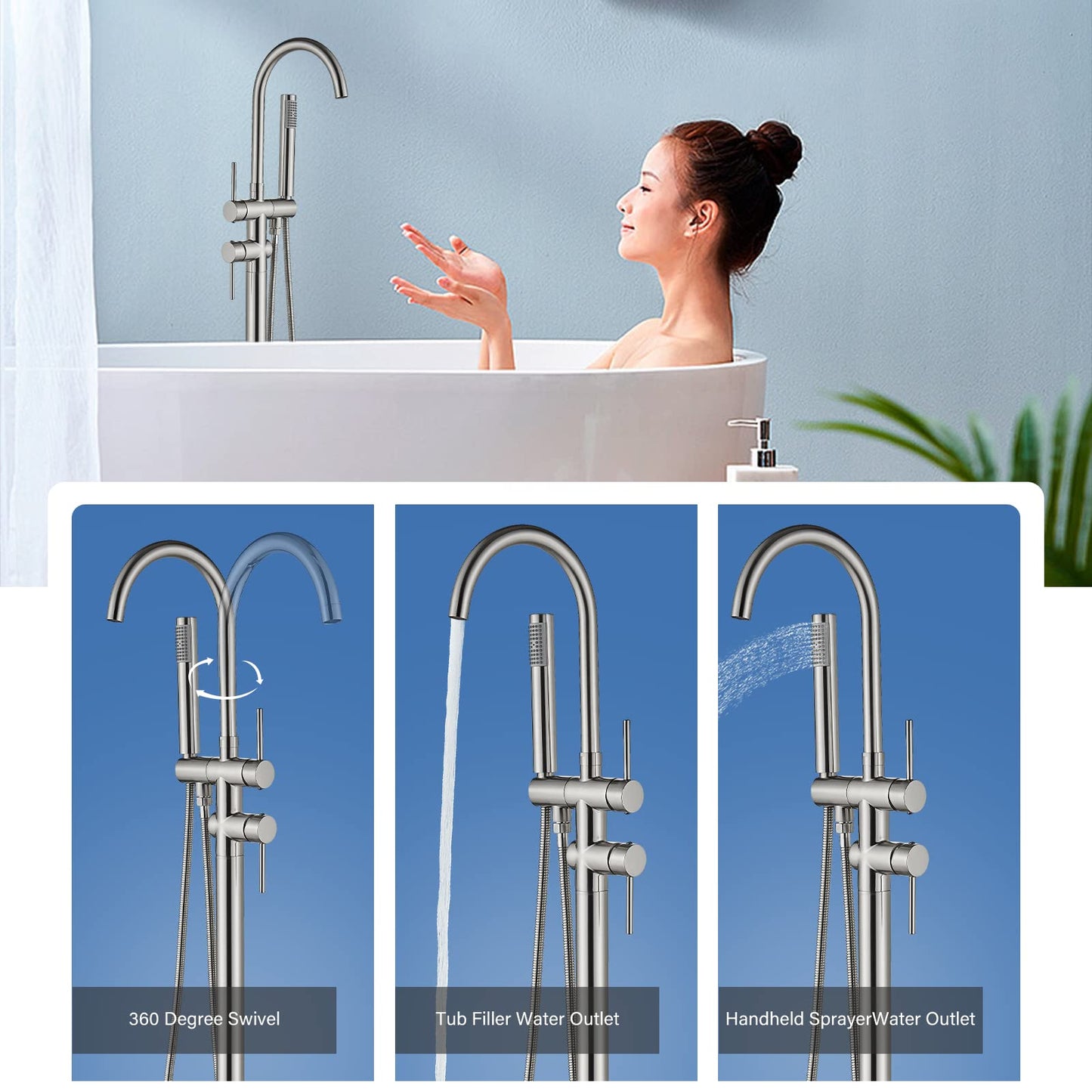 Rozin Freestanding Bathtub Faucet Brushed Nickel Brass Two Handles 360° Rotatable Spout with Hand Shower 150cm Hose Bathroom Tub Faucets