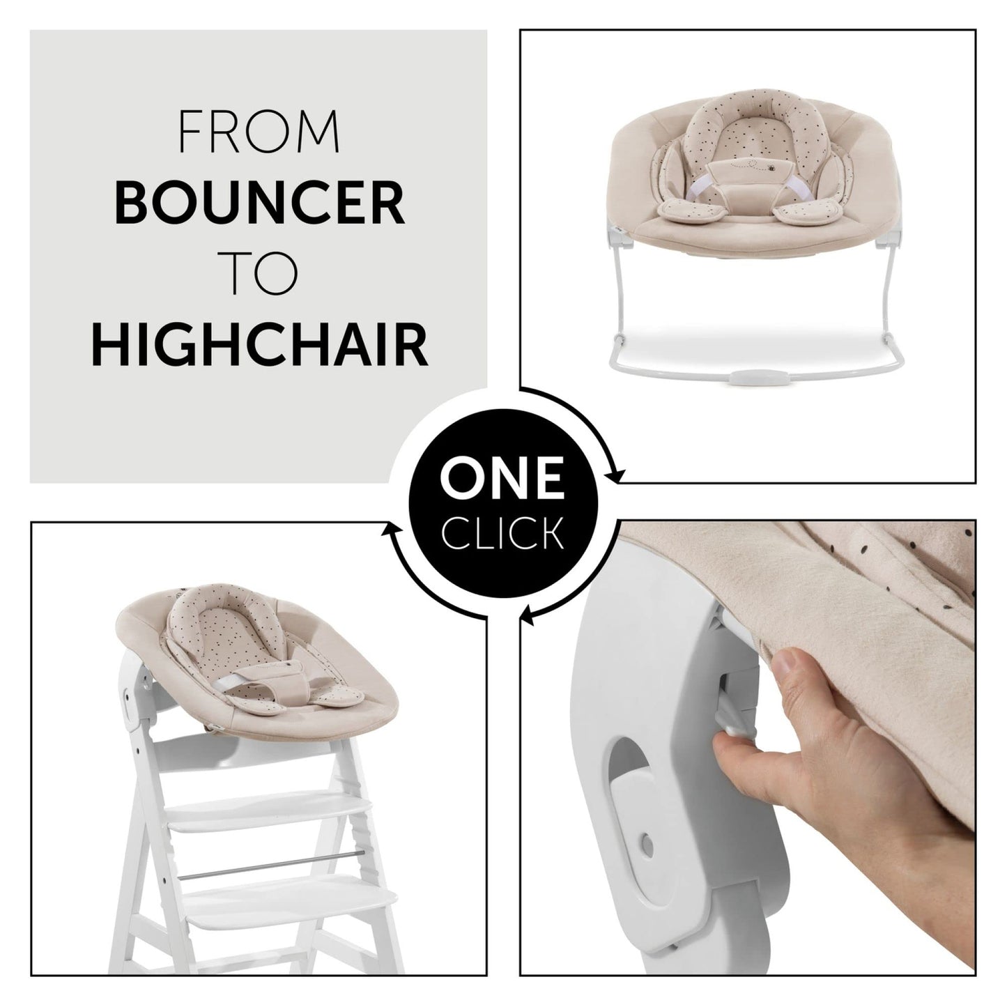 Hauck 2in1 Baby Bouncer & Newborn Attachment for Alpha+ & Beta+ Wooden Highchair Alpha Bouncer 2in1, from birth up to 9 kg, 3-point hip belt, seat reducer, rocking frame (Disney Winnie the Pooh Beige)