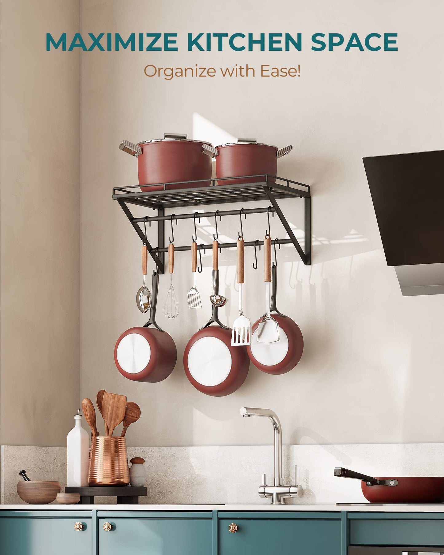 OROPY Pot Rack, 3-Tier Iron Kitchen Shelf Wall Mounted, Pan Holder with 12 Hooks, 60 * 29.5 * 24.5cm, Kitchen Utensil Holder, Kitchen Wall Shelf for Pots and Pans