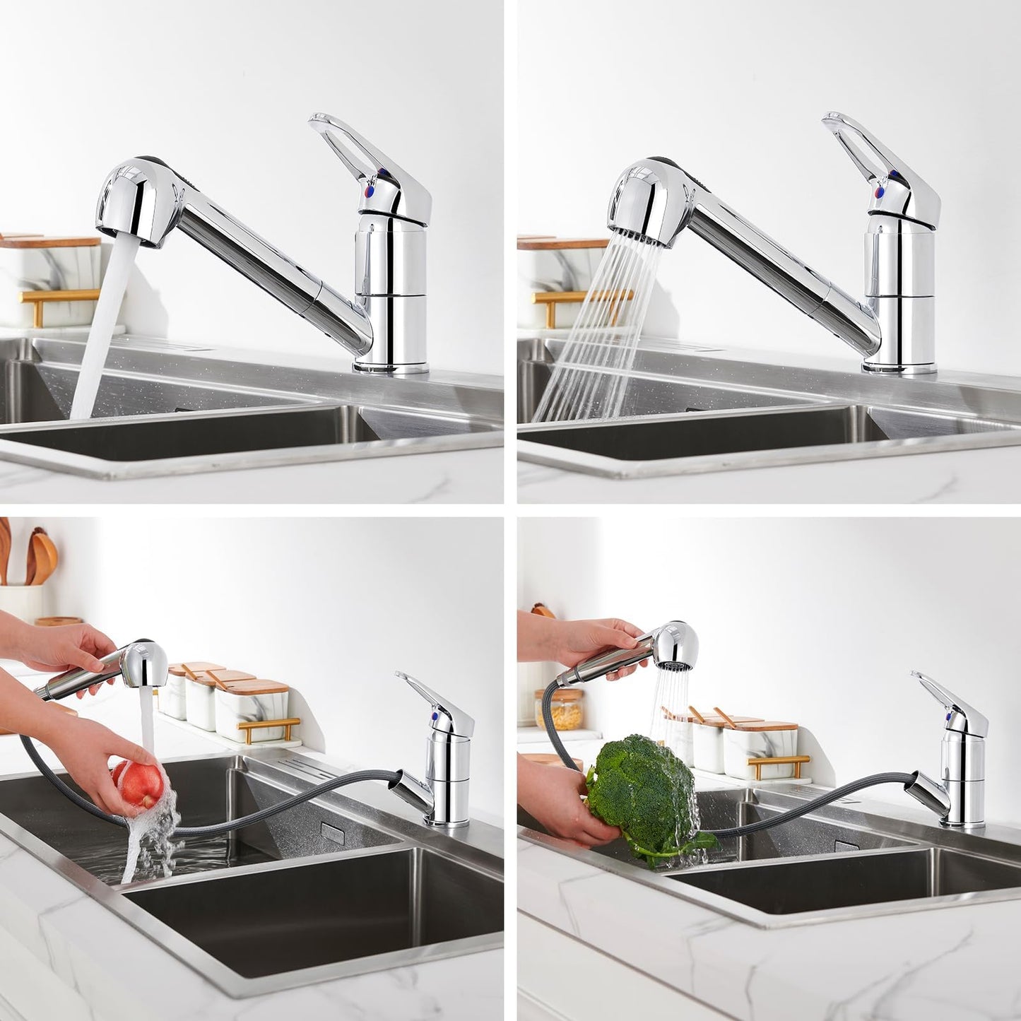 Auralum Single Lever Kitchen Faucet with 2 Spray Modes Dish Shower Tap Kitchen Pull-Out Sink Mixer Tap Faucet with 360° Swivel Chrome Single Handle Mixer Tap for Kitchen