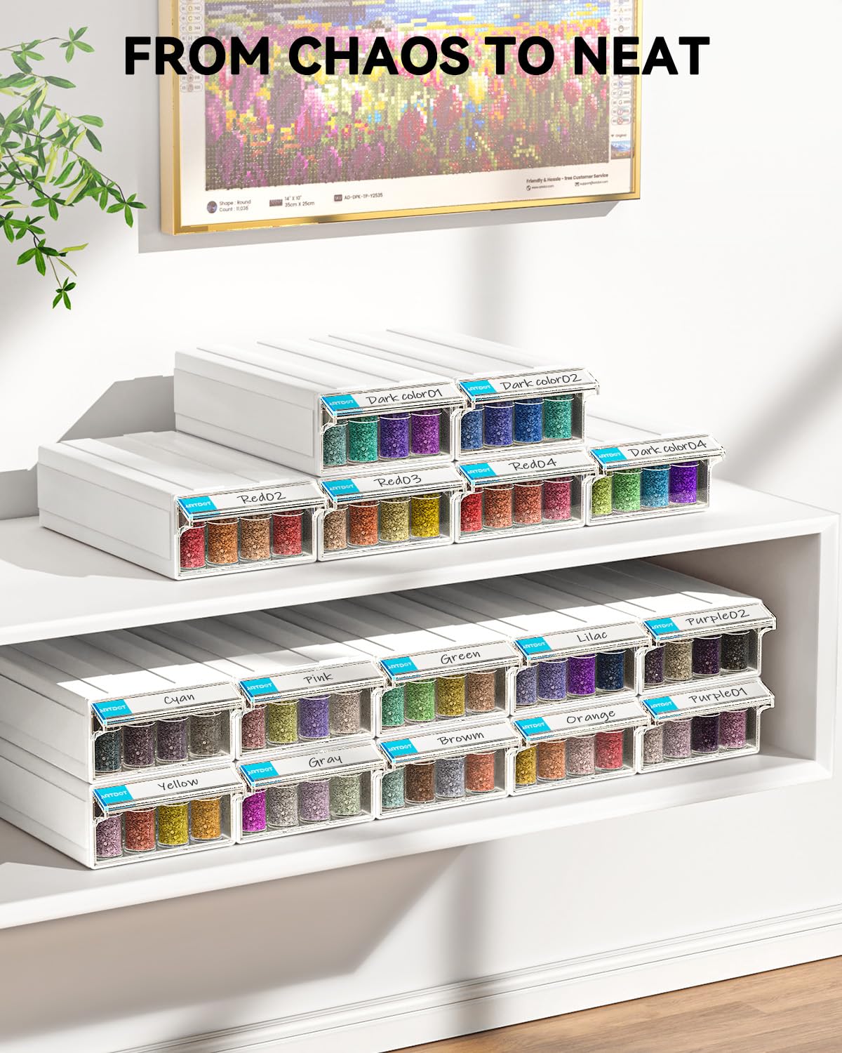 ARTDOT 4 Set Diamond Painting Storage Box, Stackable 128 Pieces 5D Diamond Painting Accessories with Funnel Stickers