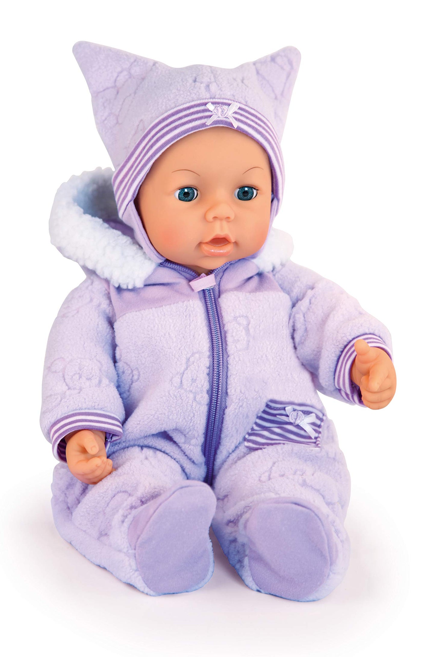 Bayer Design 94694AA, interactive doll Piccolina Magic Eyes, purple, 46cm & doll clothes for 40-46cm dolls, pants, top, hat, scarf, doll accessories, pink, green.