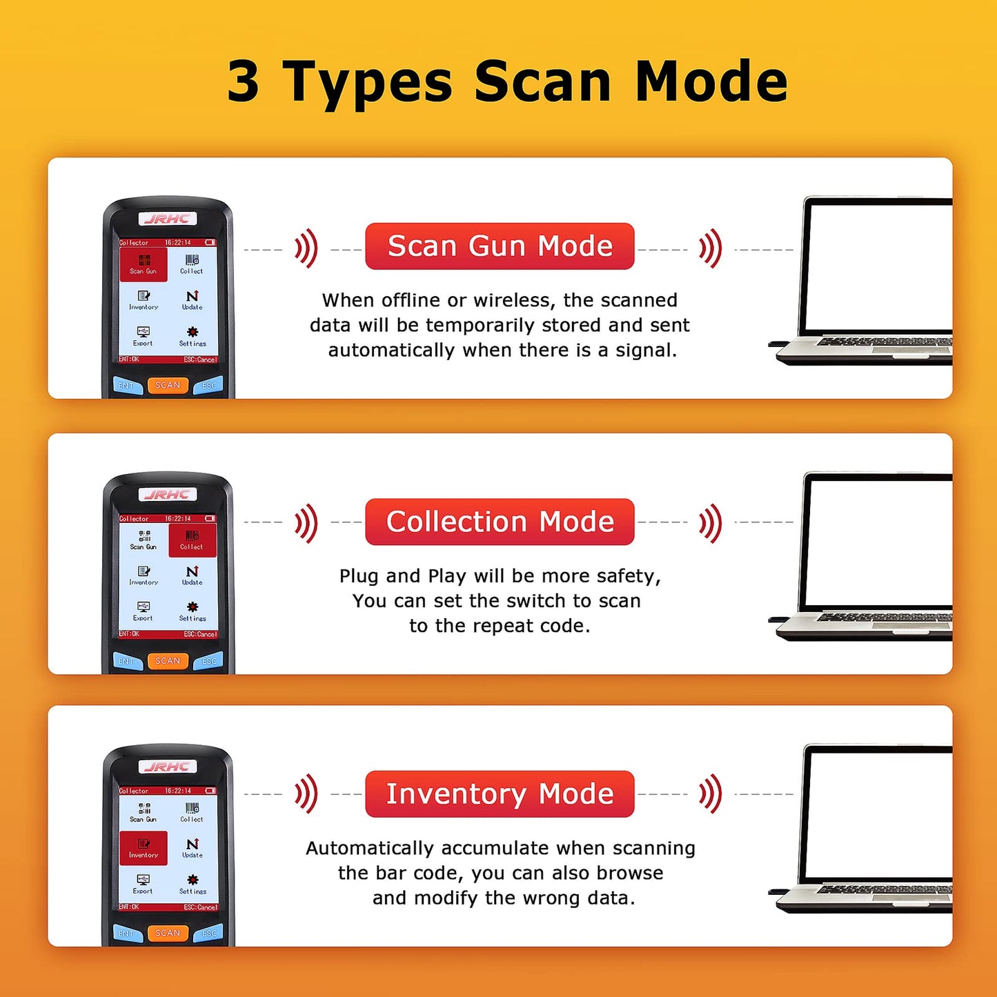 JRHC 2D Inventory Barcode Scanner and Collector with 2.4GHz Wireless USB Receiver. Multifunctional 2.8 Inch LCD Screen Barcode Reader with Long Transmission Range.