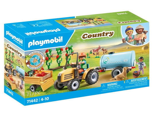 PLAYMOBIL Country 71442 Tractor with Trailer and Water Tank, fresh harvest on the farm, playful learning about the environment, sustainable toy for children ages 4 and up.