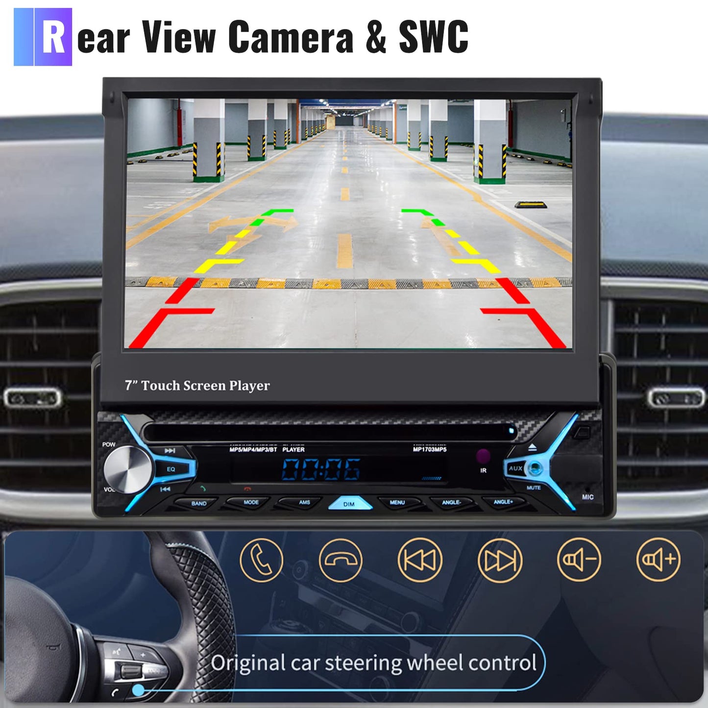 2GB+32GB Android car stereo 1 Din with GPS navigation DVD CD 7 inch Automatic retractable touchscreen DVD car stereo with Bluetooth Mirror Link AM/FM Radio WiFi/USB/AUX/EQ/DAB Radio with rear camera microphone