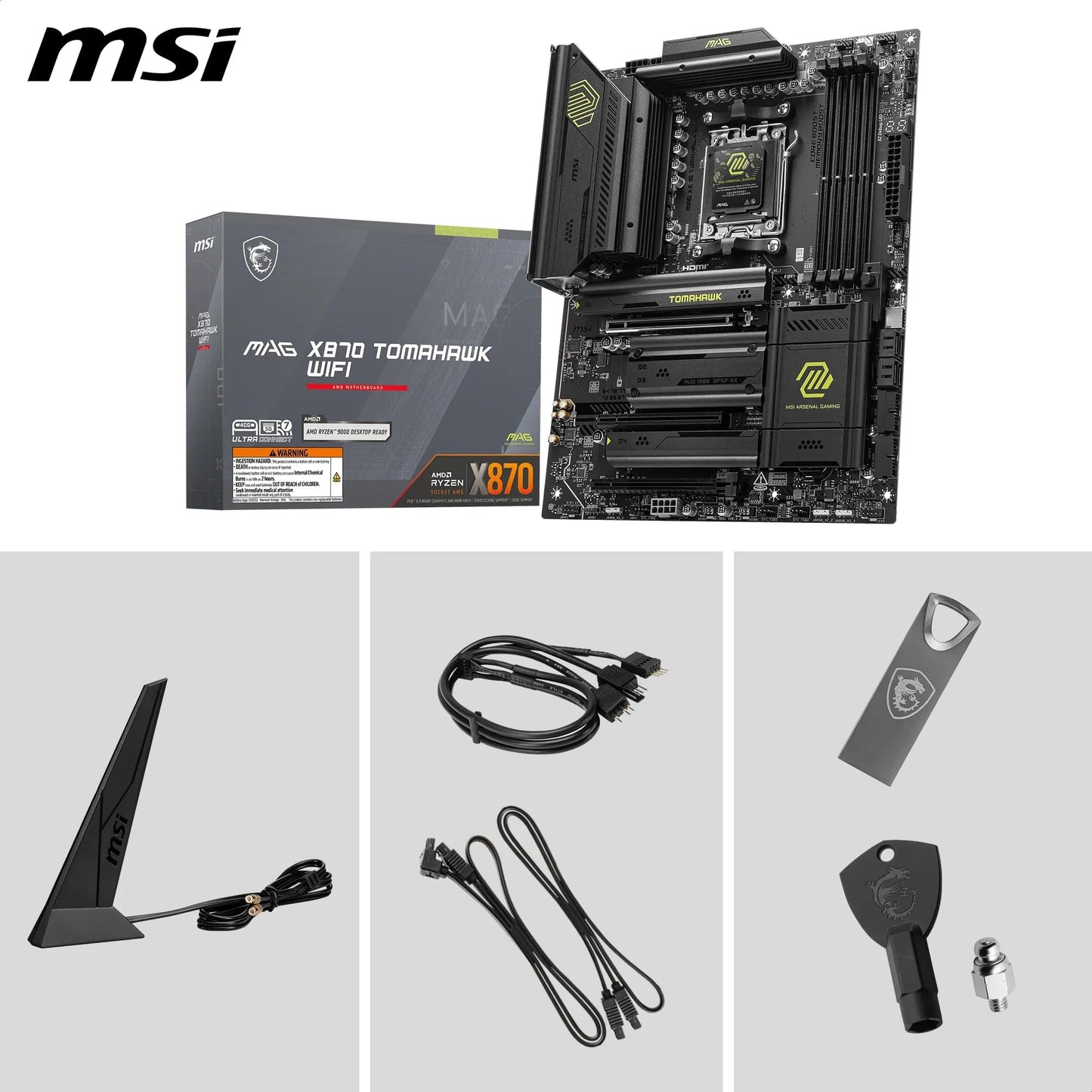 MSI MAG X870 Tomahawk WiFi Motherboard, ATX - Supports AMD Ryzen 9000/8000/7000 processors, AM5-80A SPS VRM, DDR5 Memory Boost 8400+MT/s (OC), PCIe 5.0 x16 & 4.0 x16, M.2 Gen5, Wi-Fi 7, 5G LAN.