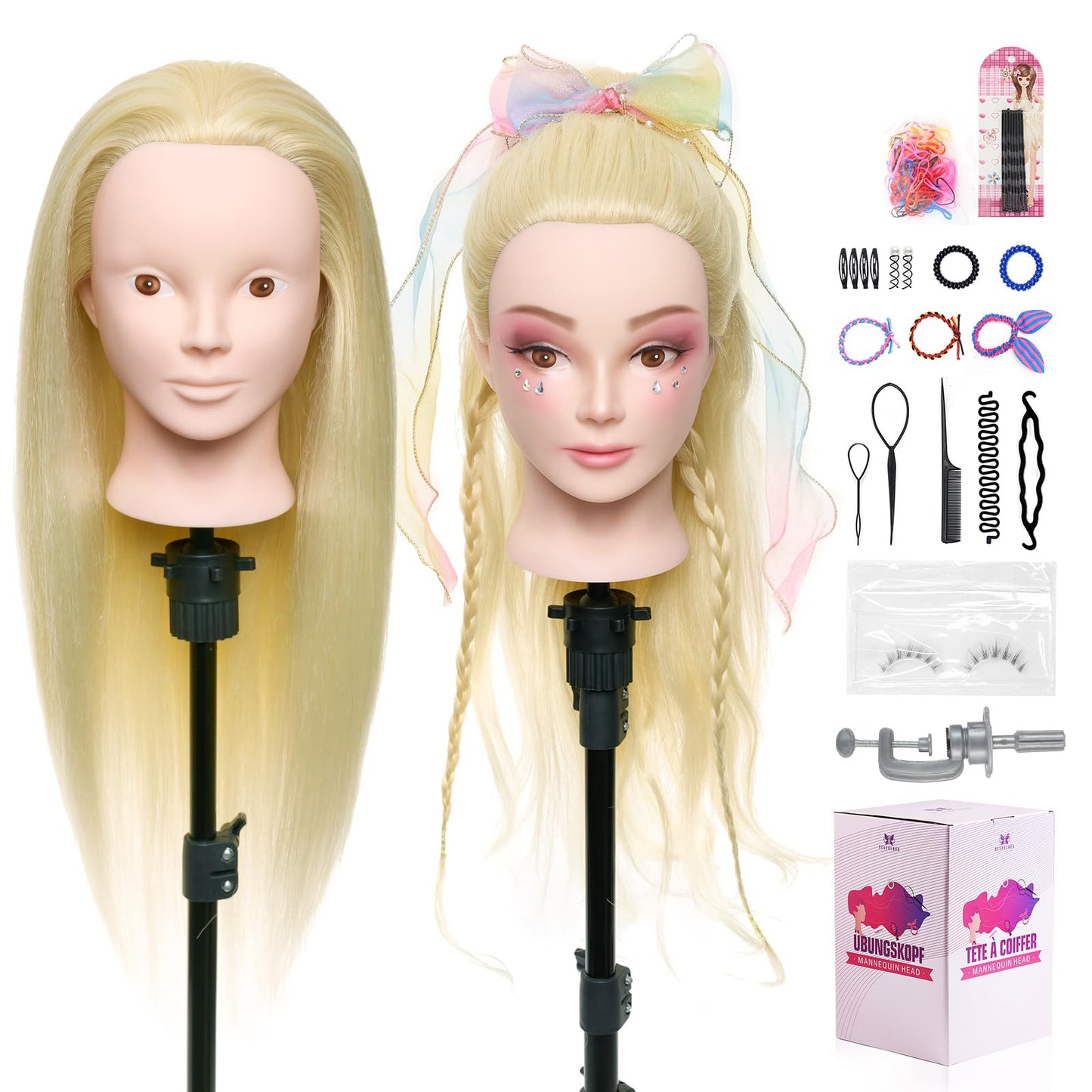 24 inch hairdressing head with 50% real hair. Ideal for practicing hair styling techniques, perfect for hairdressing students. Comes with stand and DIY hair set. Great for training hairstylists.