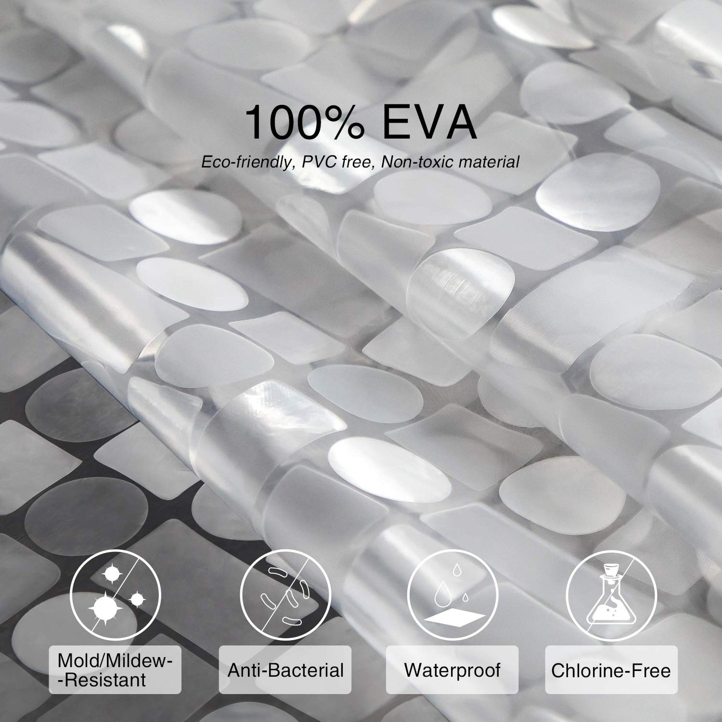 WELTRXE shower curtain with bottom weight magnets, transparent geometric design, made of waterproof and antibacterial Eva material. Size: 183*200cm, comes with 12 curtain rings. Ideal for shower and bathtub.