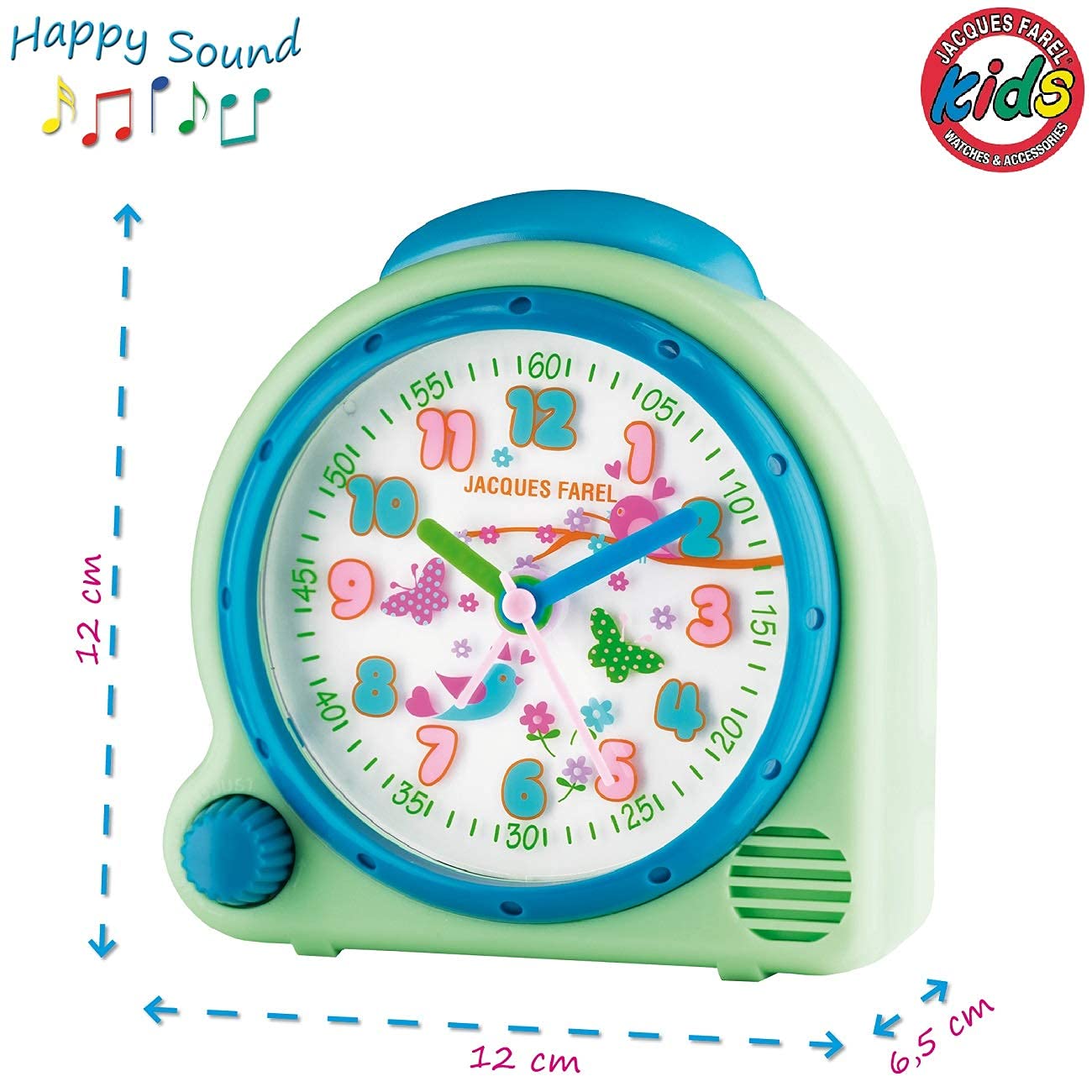 JACQUES FAREL HappySound Children's Alarm Clock Sound Alarm Light Green Mint with Melody Birdsong in the Forest, Volume Control Analog Quartz Light AVC 16FOREST